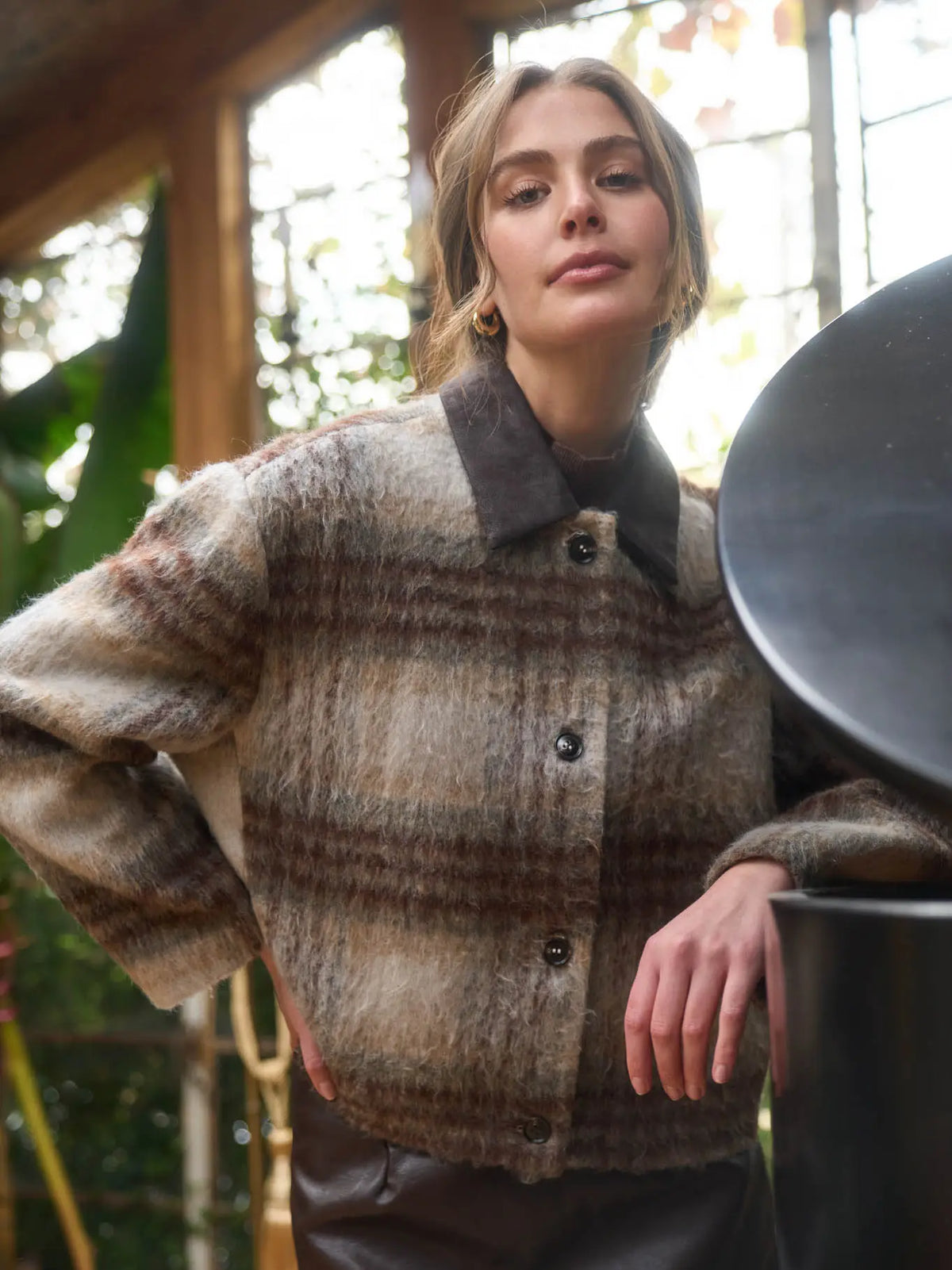Moon River Brushed Plaid Contrast Collar Jacket MS1095