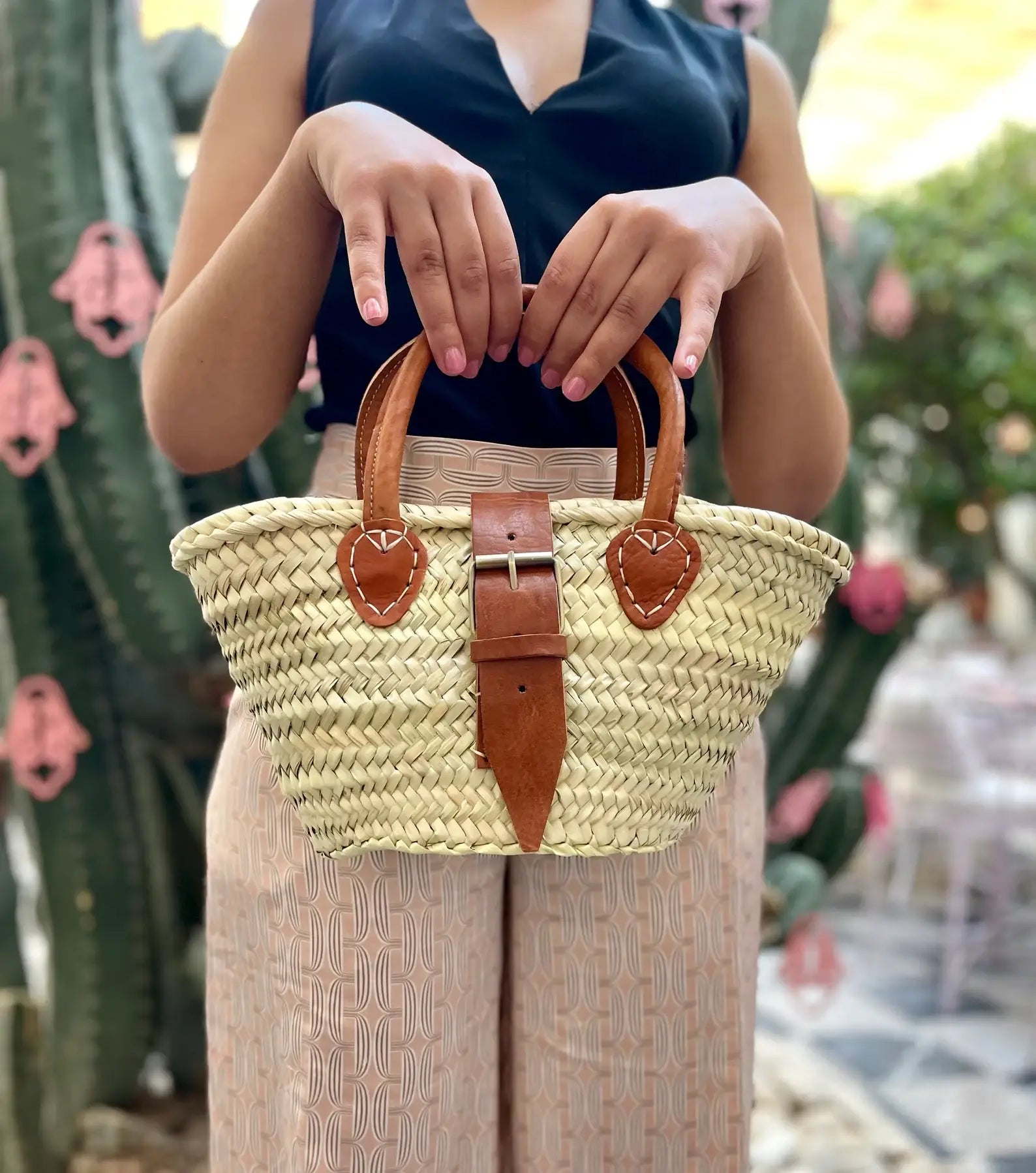 French Market Bags Handwoven Straw Basket Bag with Leather Handles #12