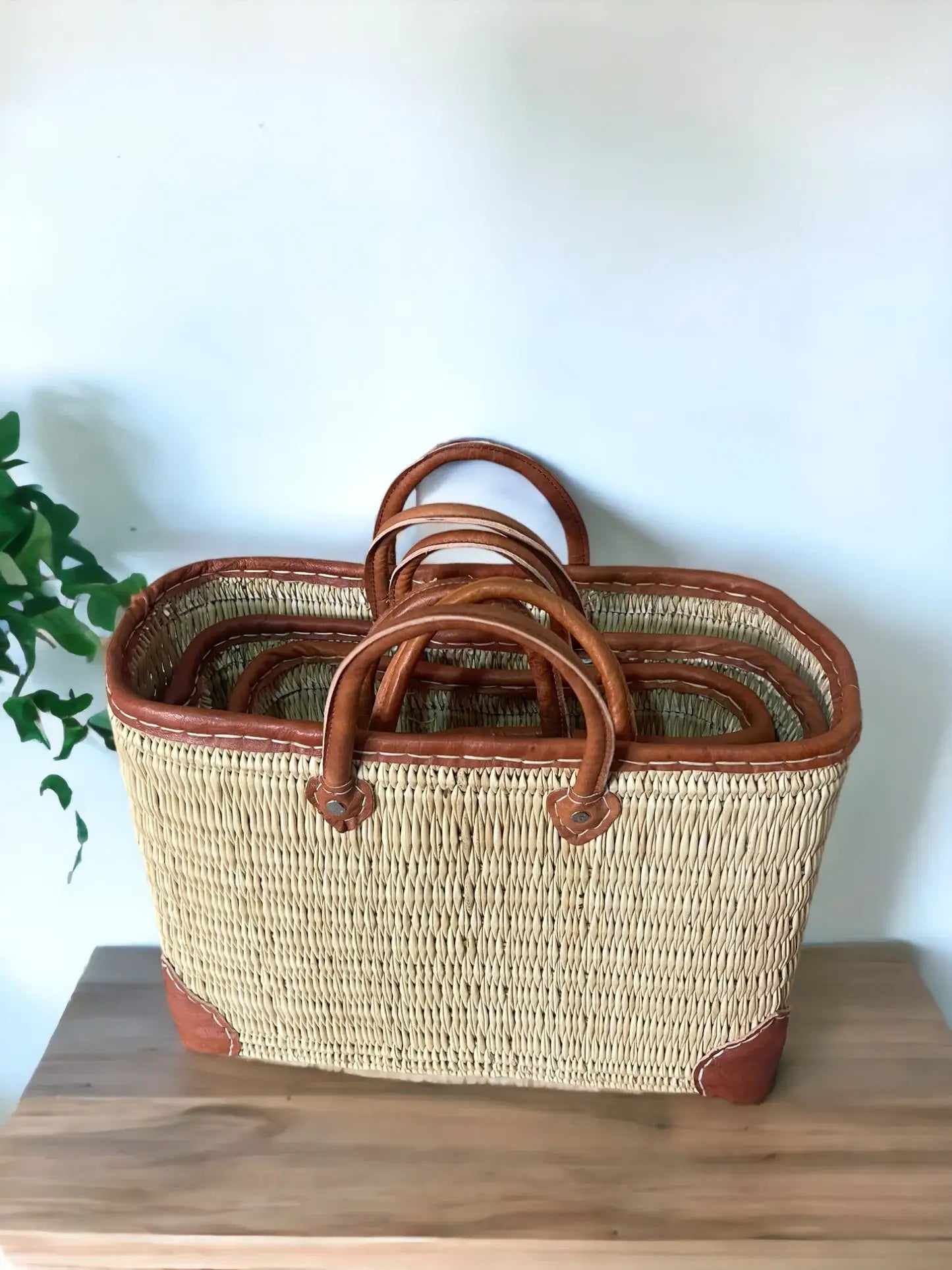 French Market Bags Reed Basket With Leather Handles