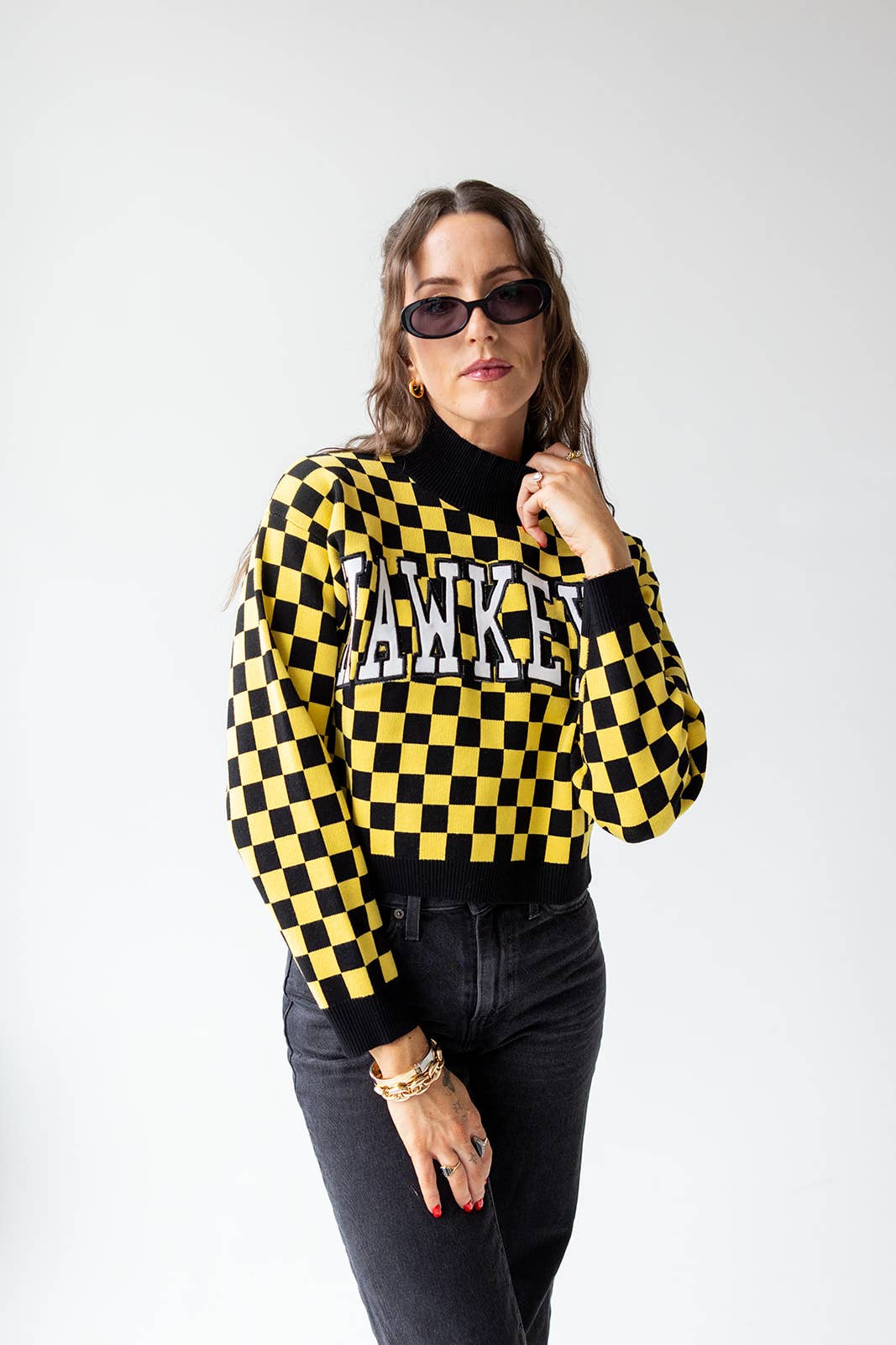 Gameday Social Iowa Checkerboard Cropped Crew Sweater