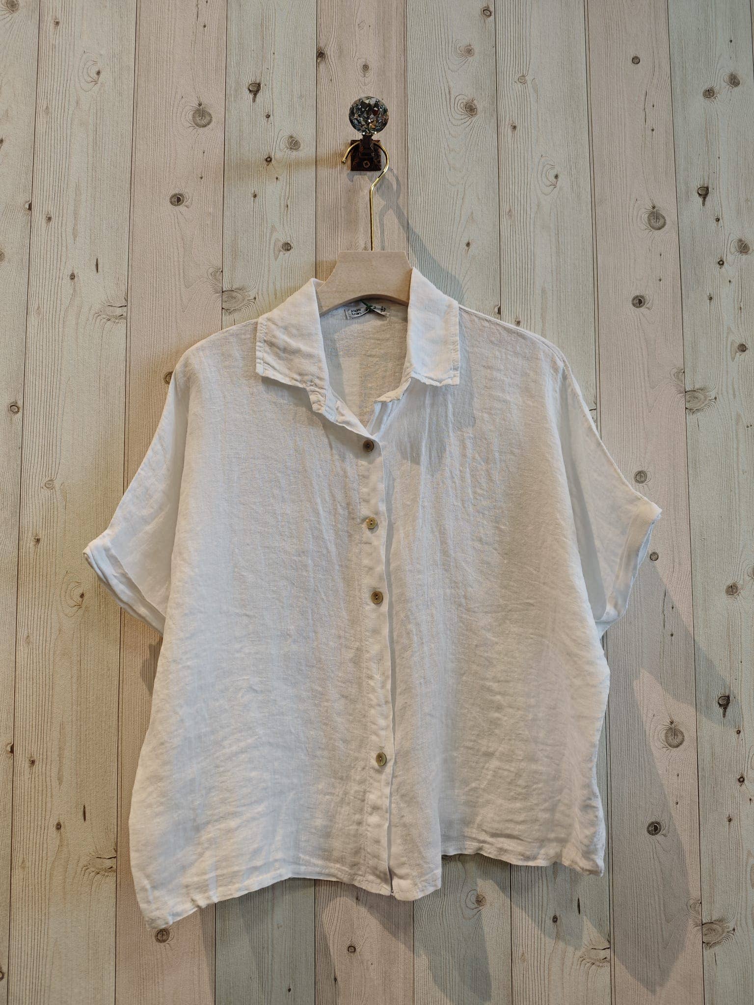 European Linen Button Up Collared Short Sleeve Top 83531