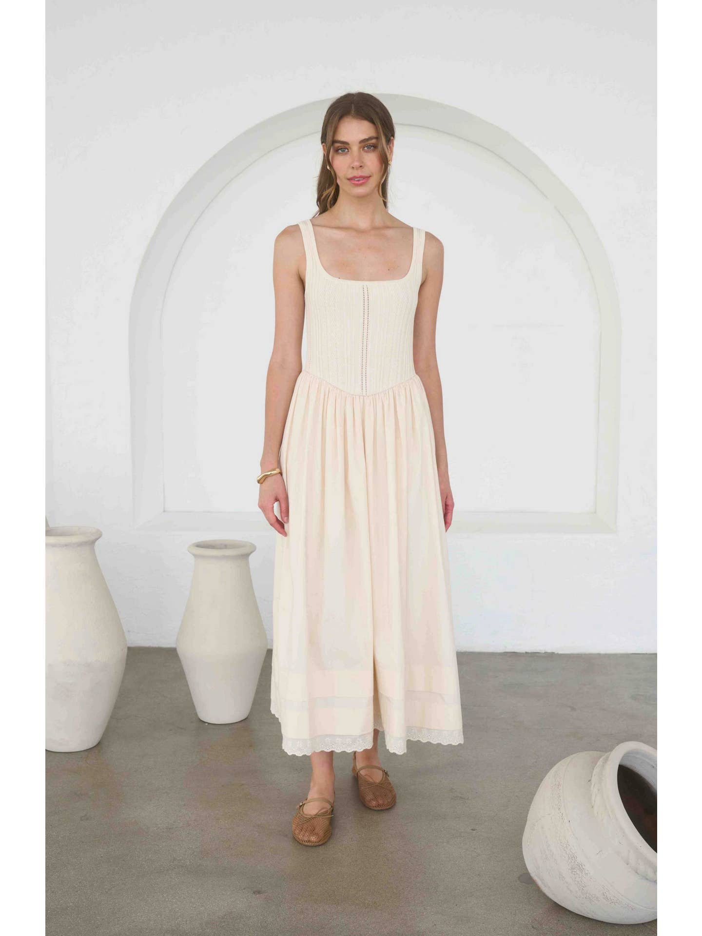 Moon River Pointelle Knit Sleeveless Mixed Media Midi Dress MR9763 Moon River Pointelle Knit Sleeveless Mixed Media Midi Dress MR9763