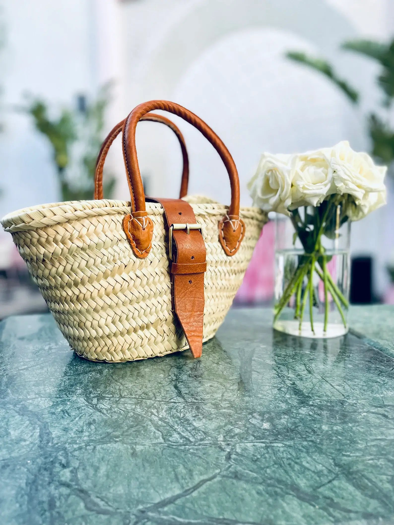 French Market Bags Handwoven Straw Basket Bag with Leather Handles #12
