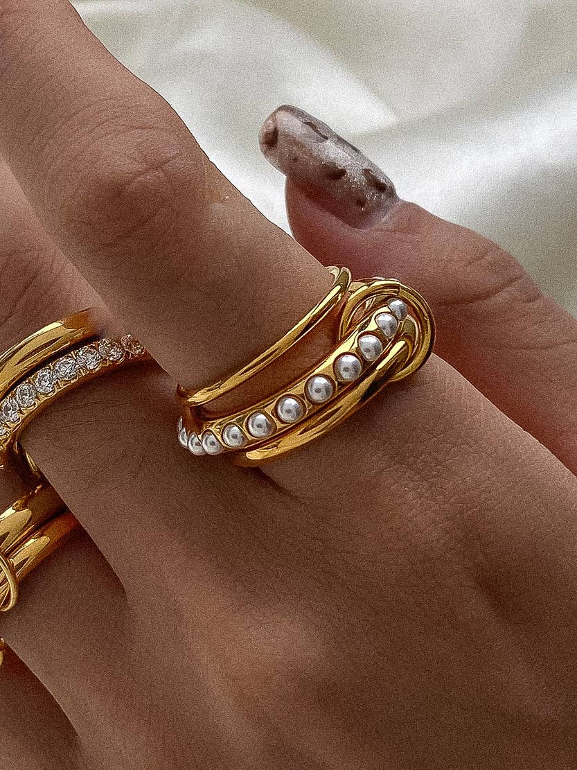 Flanerie Danton 18K Gold Non-Tarnish Multi Stack Pearl Band Ring
