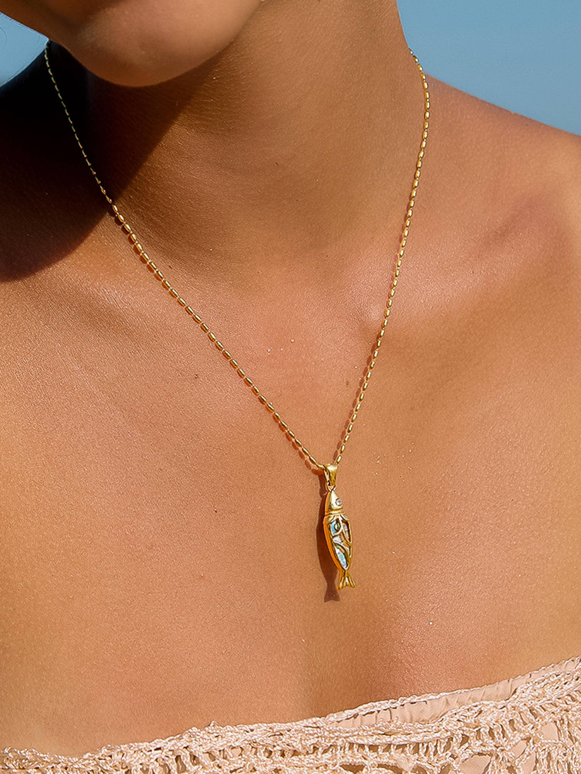 Flânerie Dolphina 18K Gold Non-Tarnish Vintage Abalone Fish Necklace
