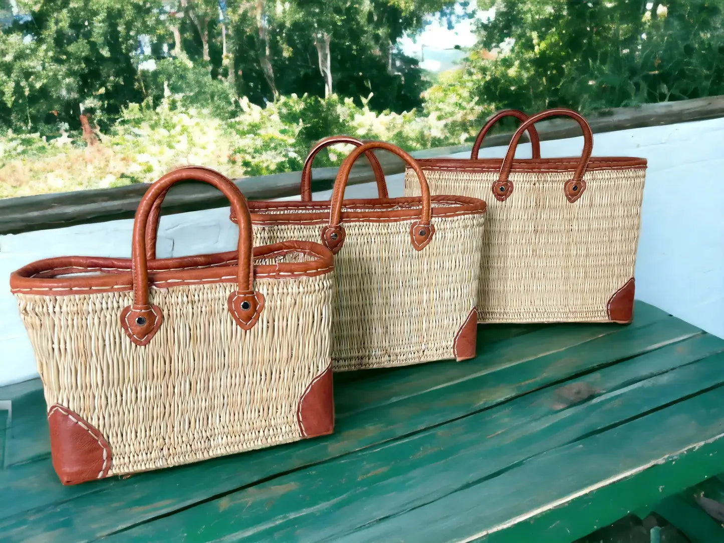 French Market Bags Reed Basket With Leather Handles