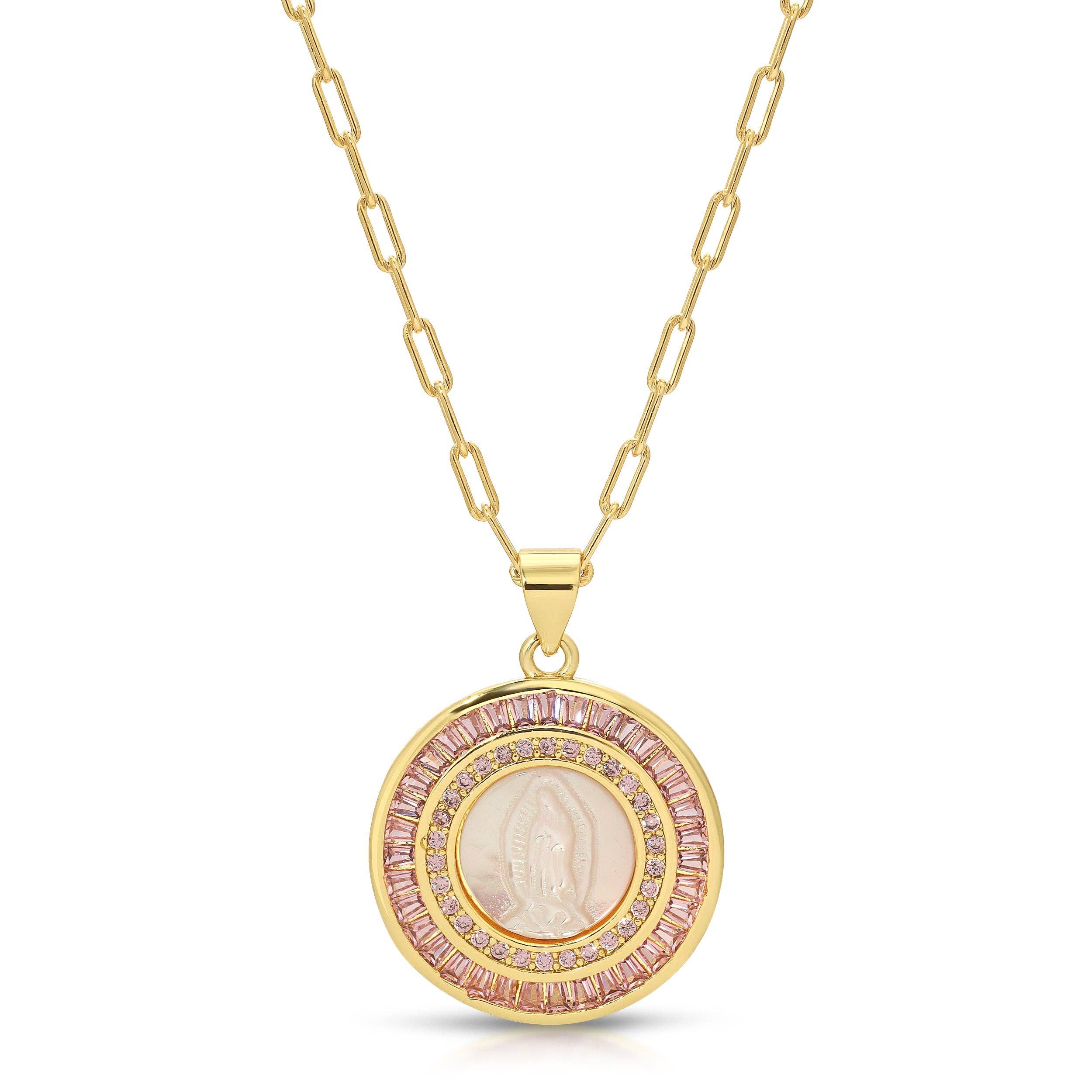 Joy Dravecky Bordered Pink Mother Mary Necklace