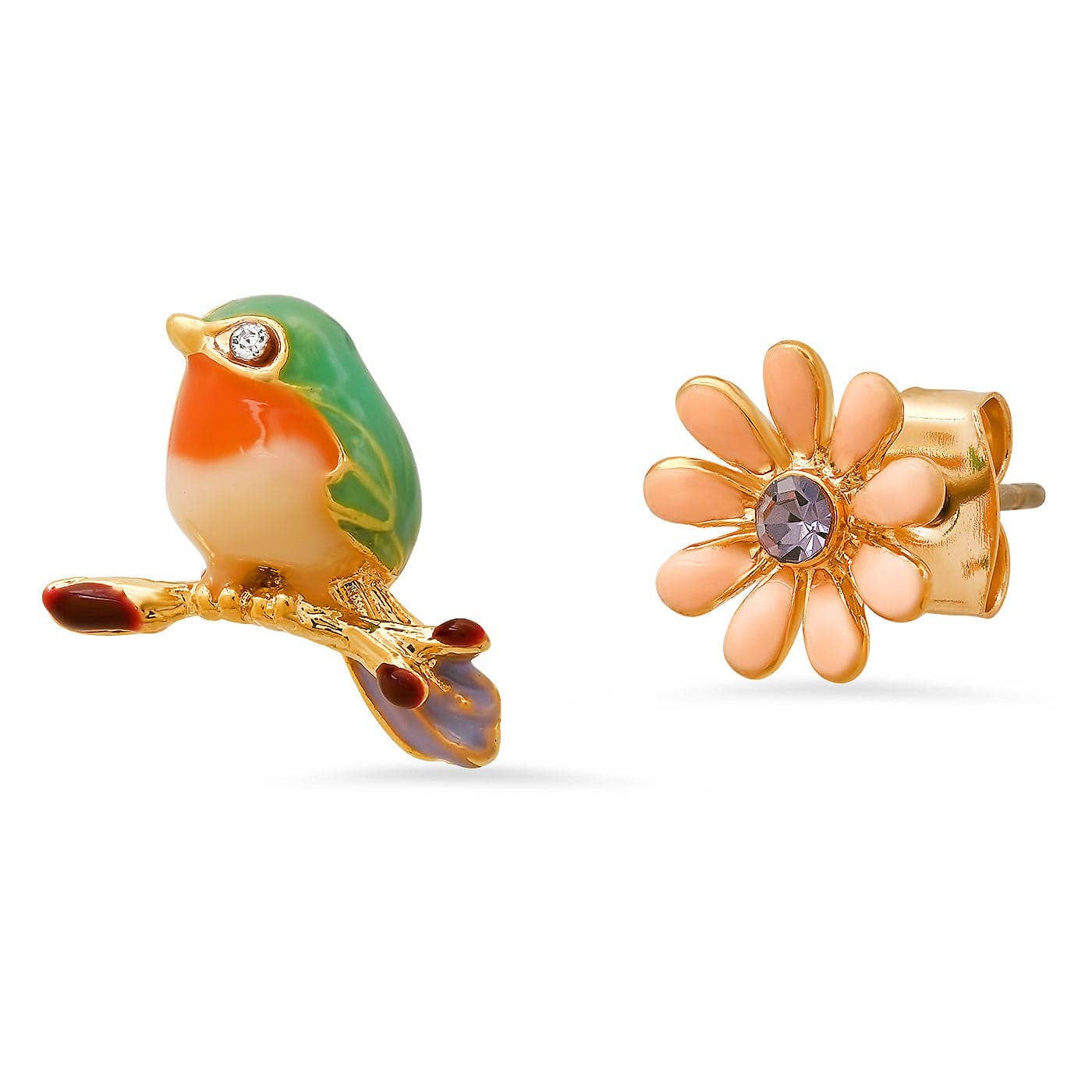 Tai Enamel Bird and Flower Mismatched Studs HME-09