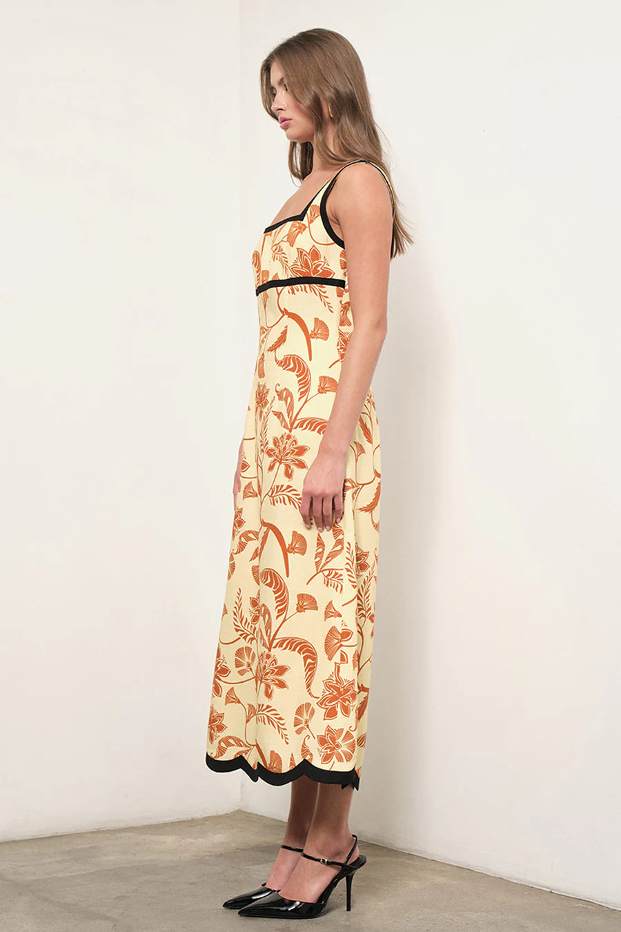 Maude Club Melanie Palm Print Linen Midi Flare Dress w/ Scallops MC755D