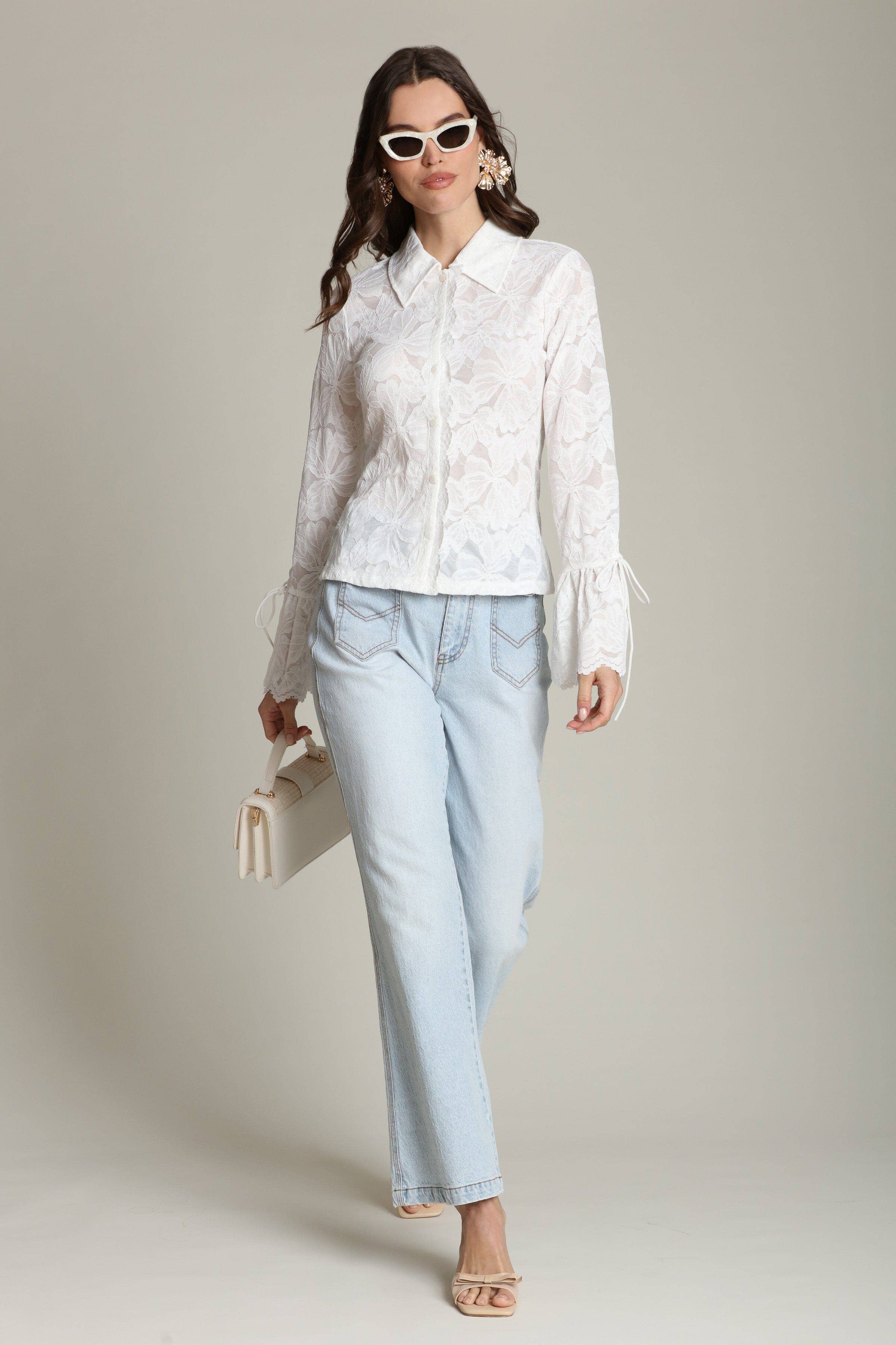 Avec Les Filles Sheer Lace Tie Cuff Shirt
