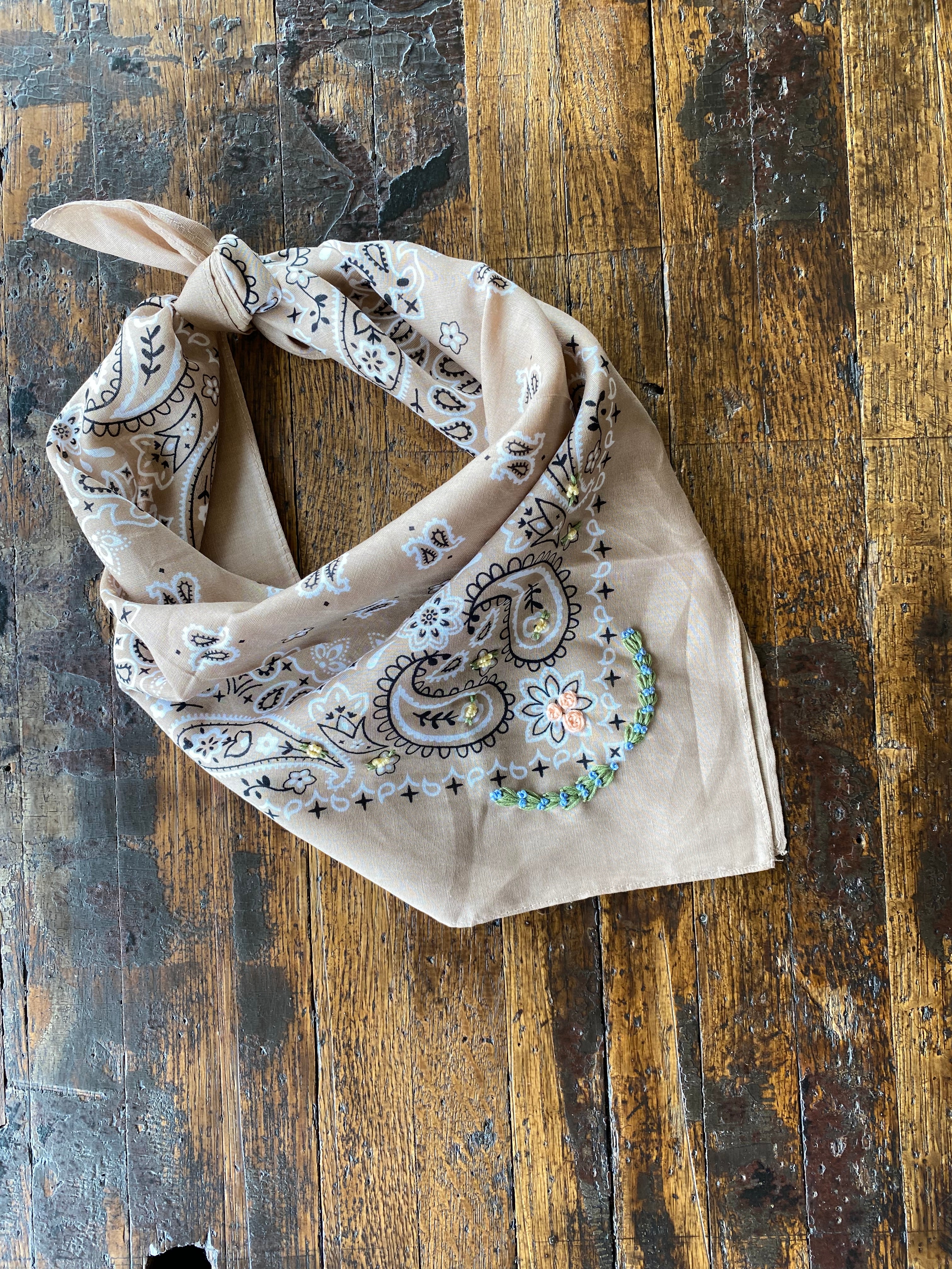 Little Lamb Tan/Green/Stone Blue/Gray Bandana With Floral Embroidery