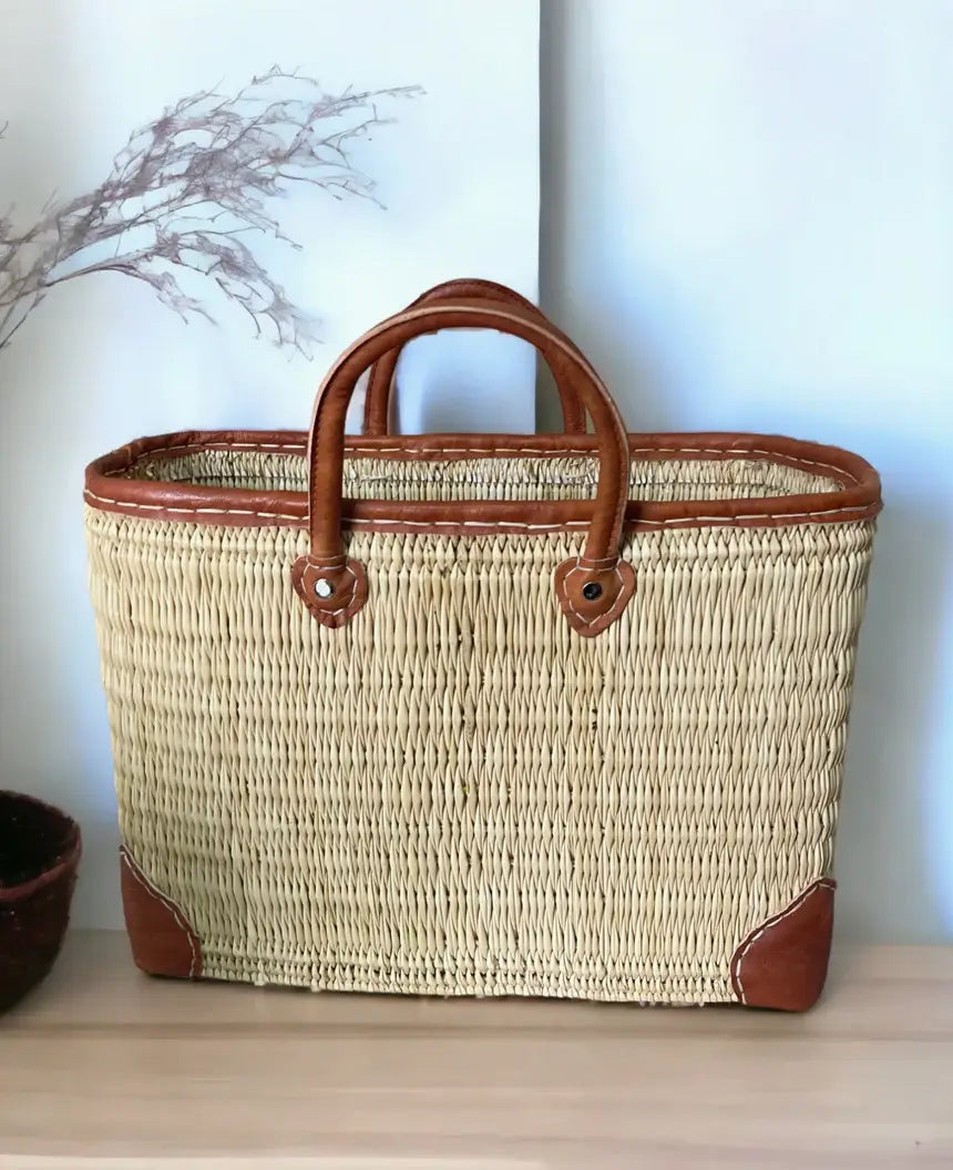 French Market Bags Reed Basket With Leather Handles