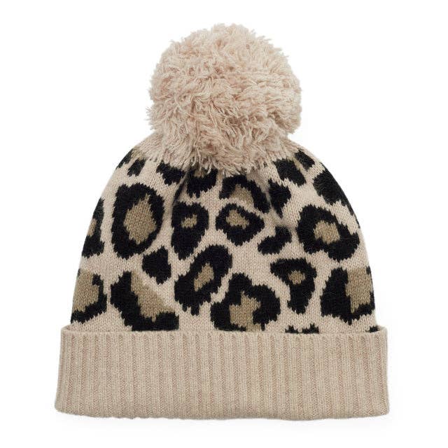 Somerville Leopard Cashmere Knitted Bobble Hat - Camel/Black