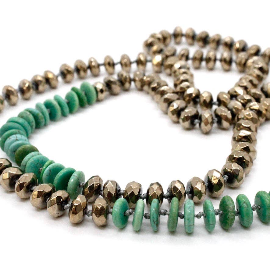 Lizou Hand-Knotted Green Turquoise and Pyrite Necklace #27