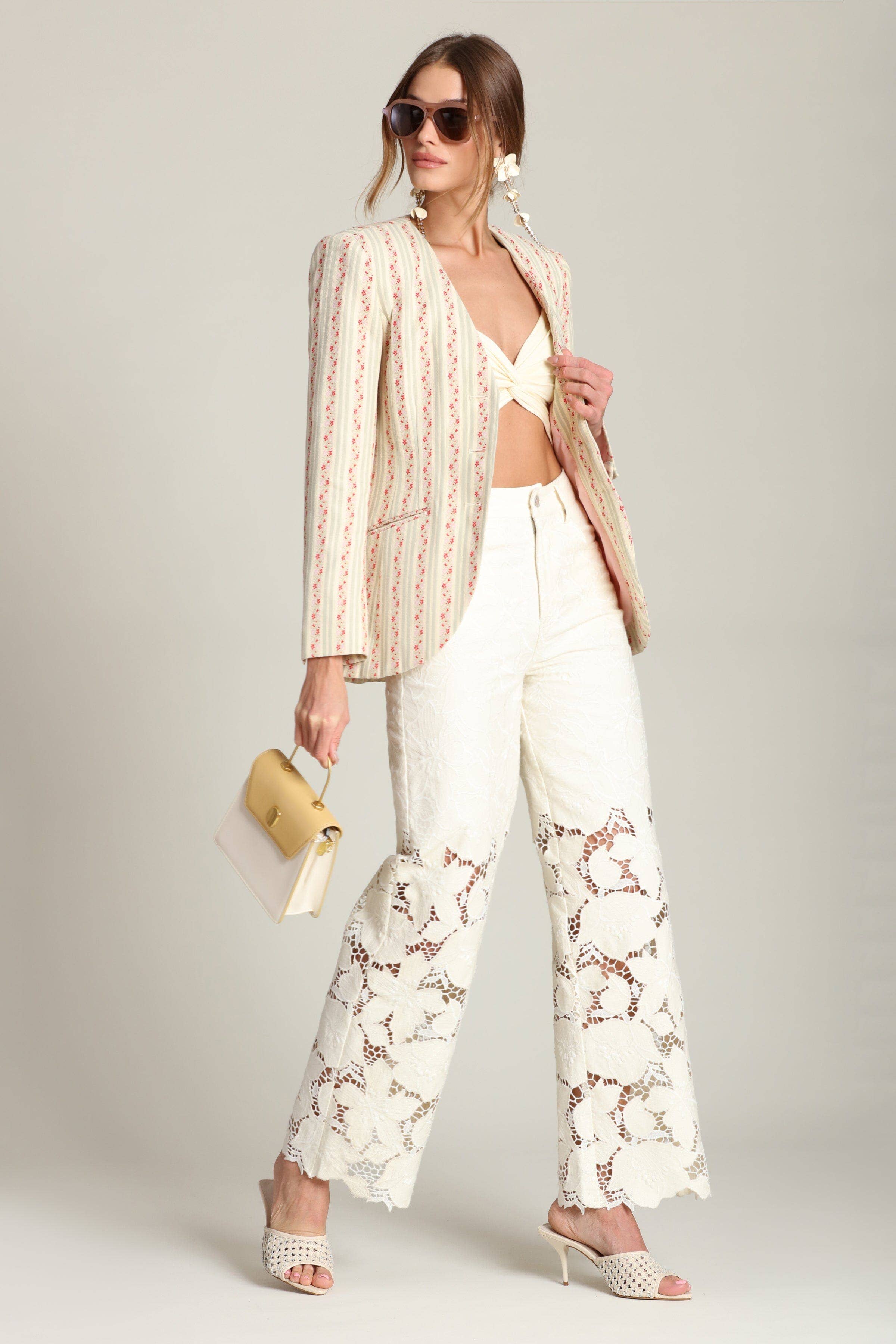 Avec Les Filles Floral Stripe Linen Blend Blazer