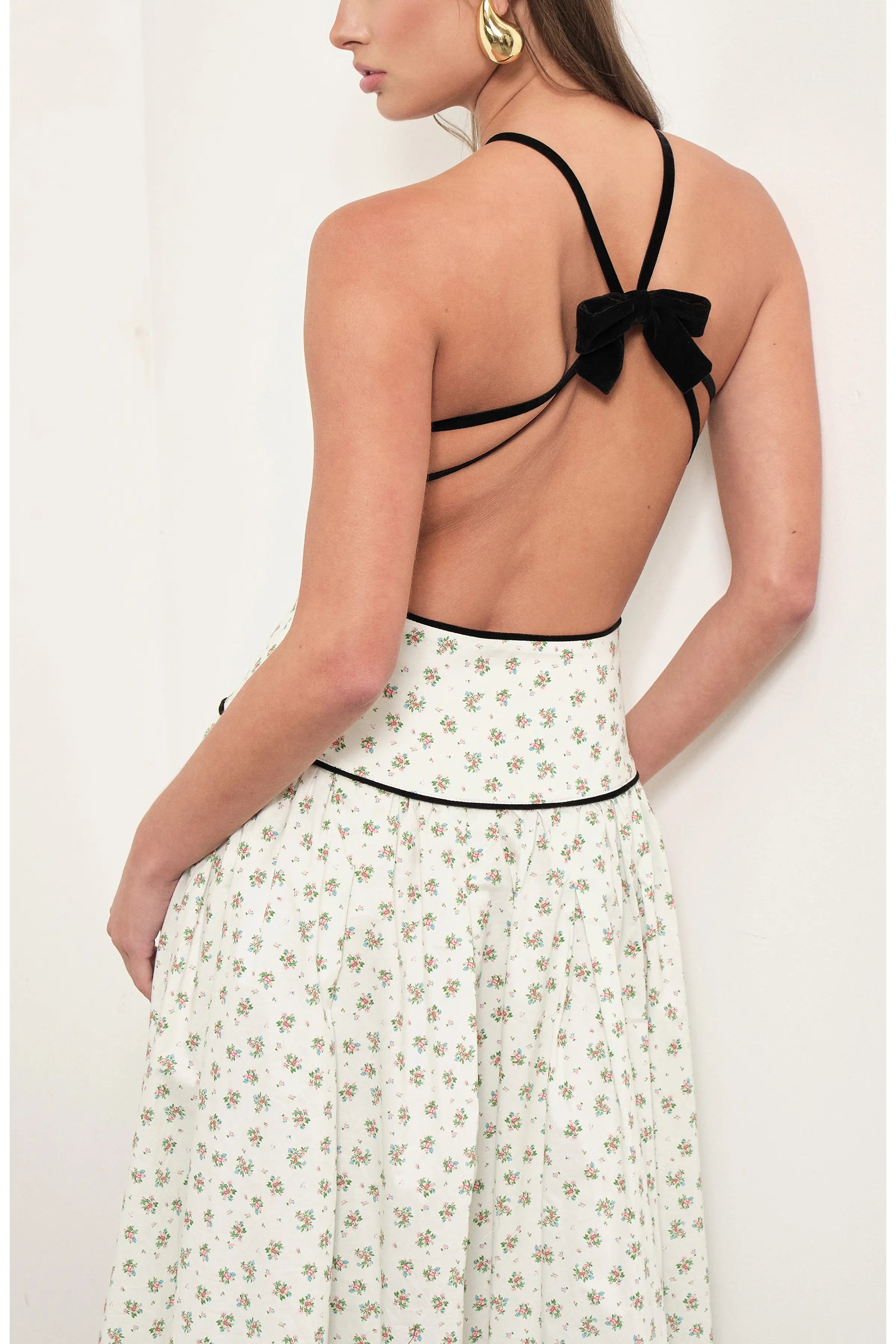 Maude Club Harlow Cotton Sprigged Floral Backless Halter Dress w/ Bow MC790D