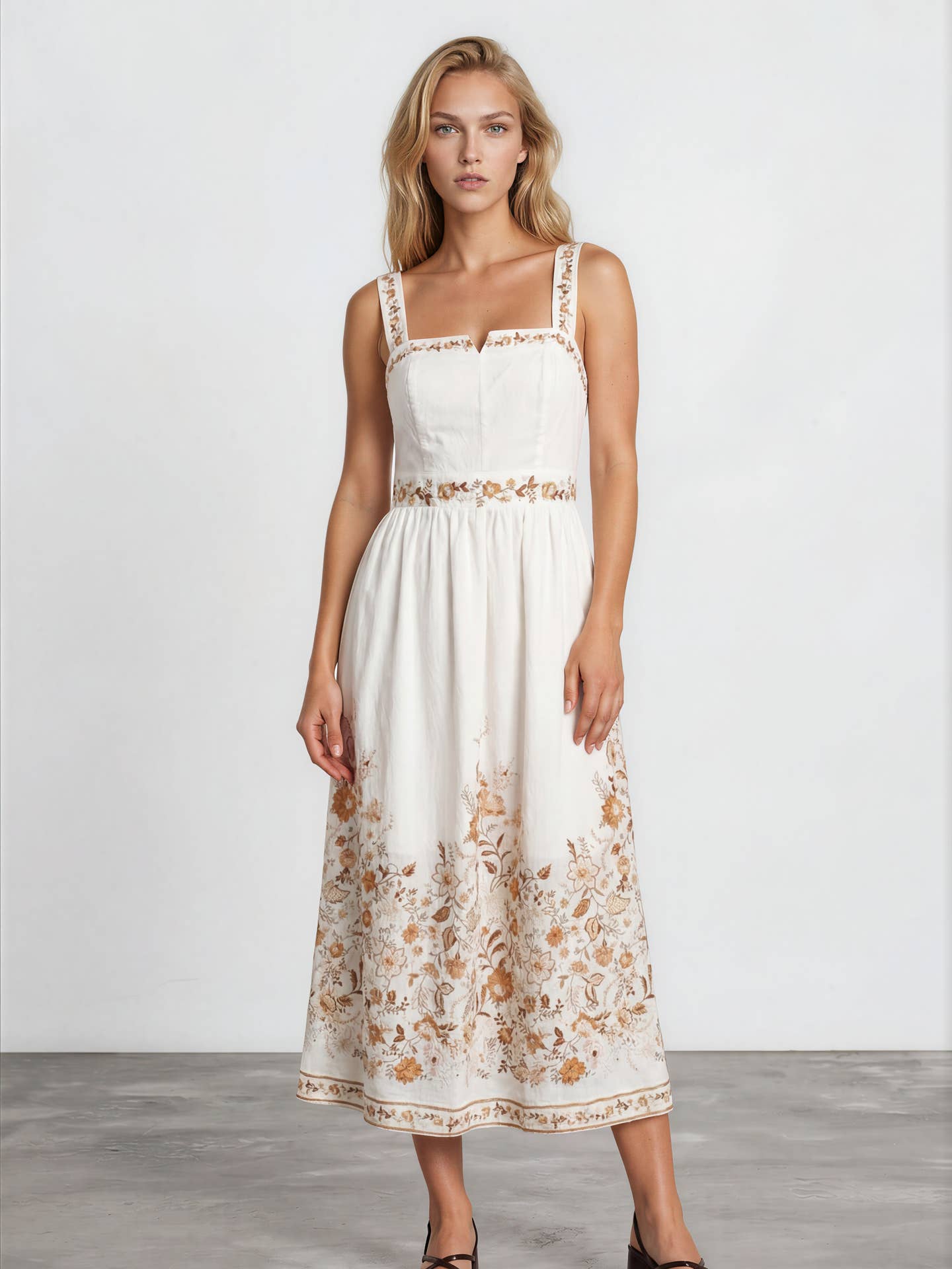 Moon River Sleeveless Floral Detail Split Neck Midi Dress MR9876