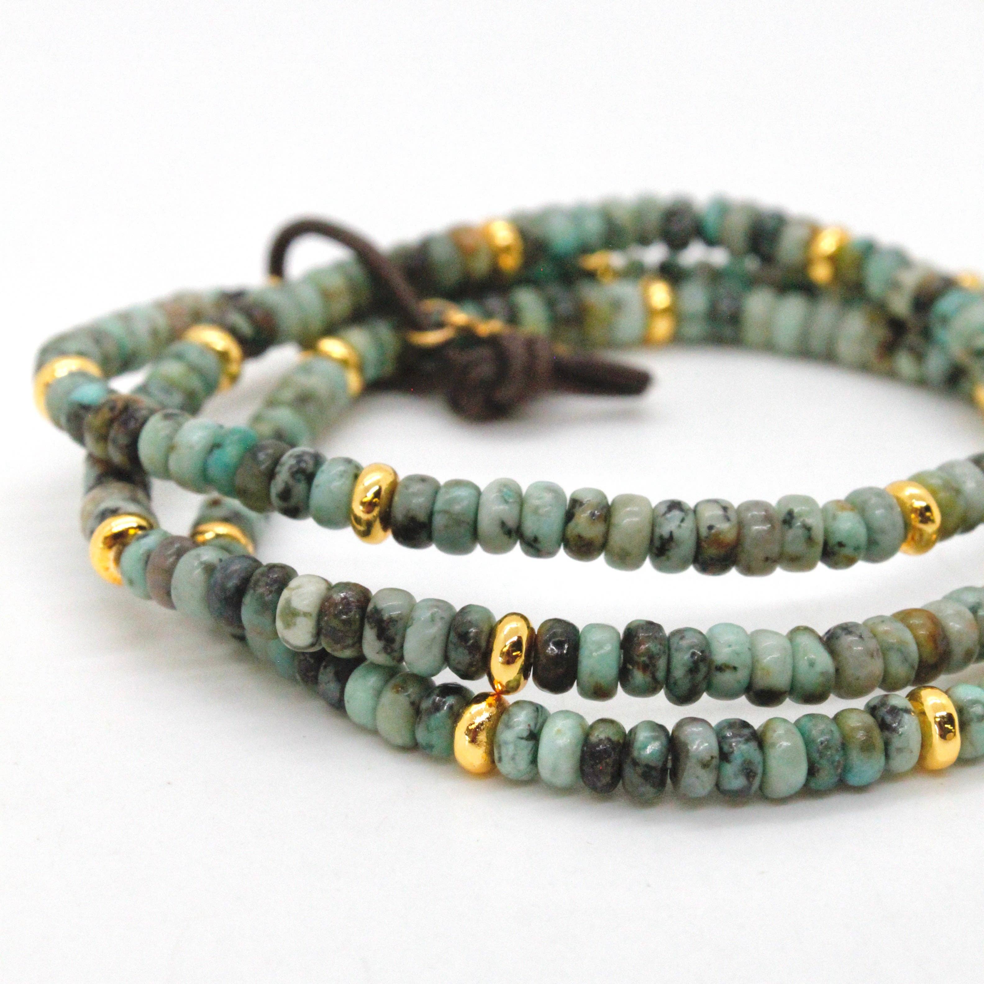 Lizou African Turquoise + Gold Set/3 Stretch Bracelets