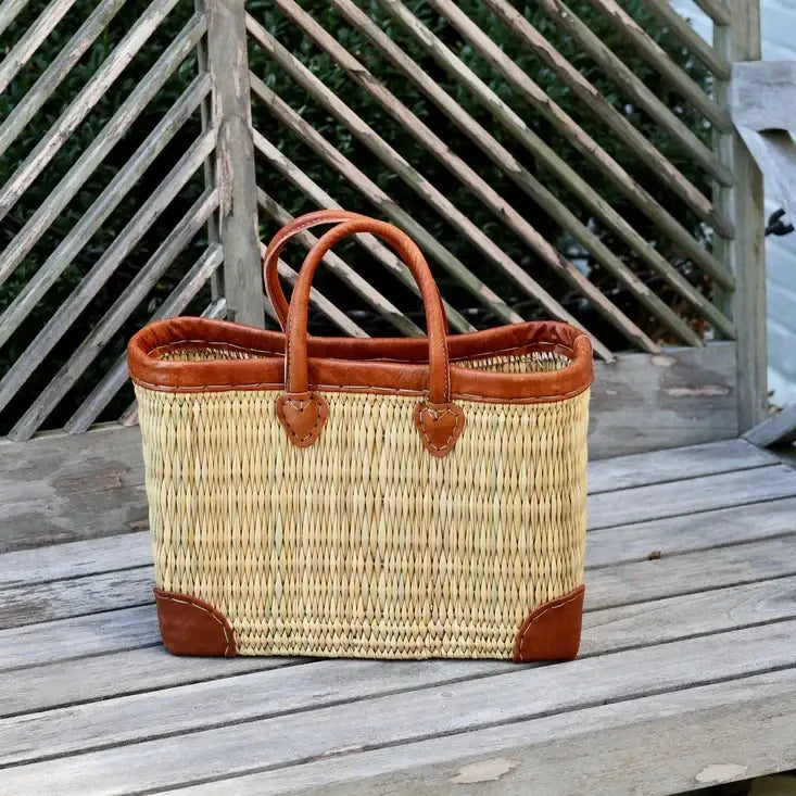 French Market Bags Reed Basket With Leather Handles