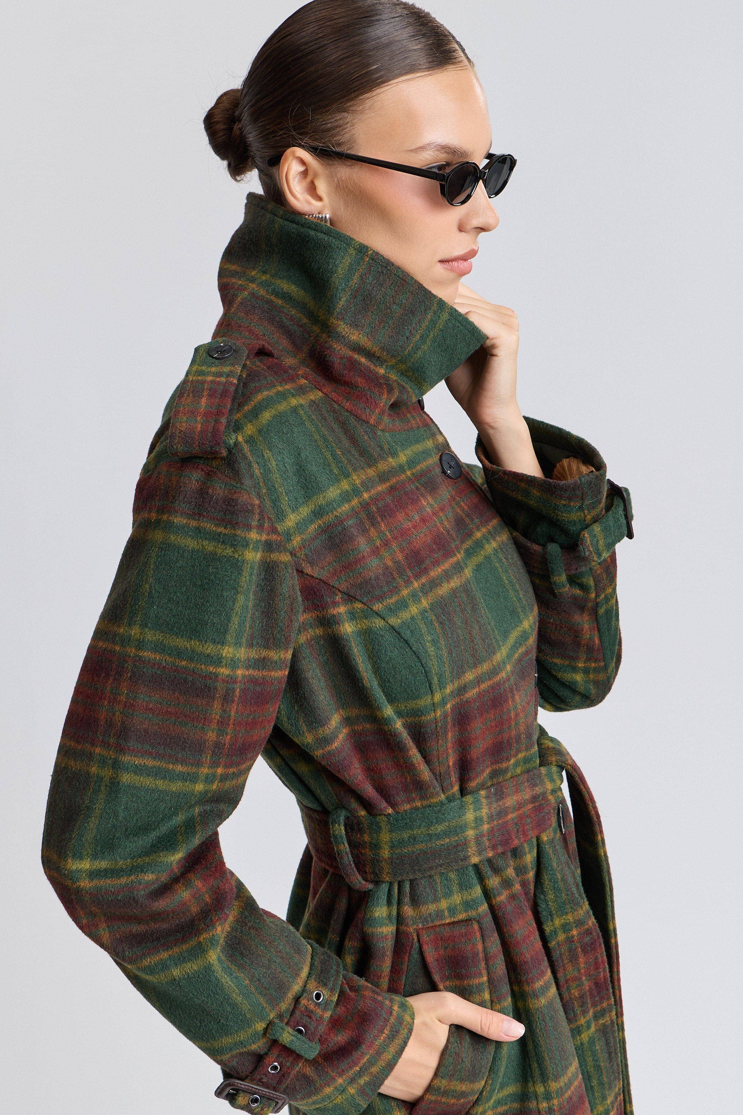 Avec Les Filles Plaid Faux Wool Utility Trench Coat 86476