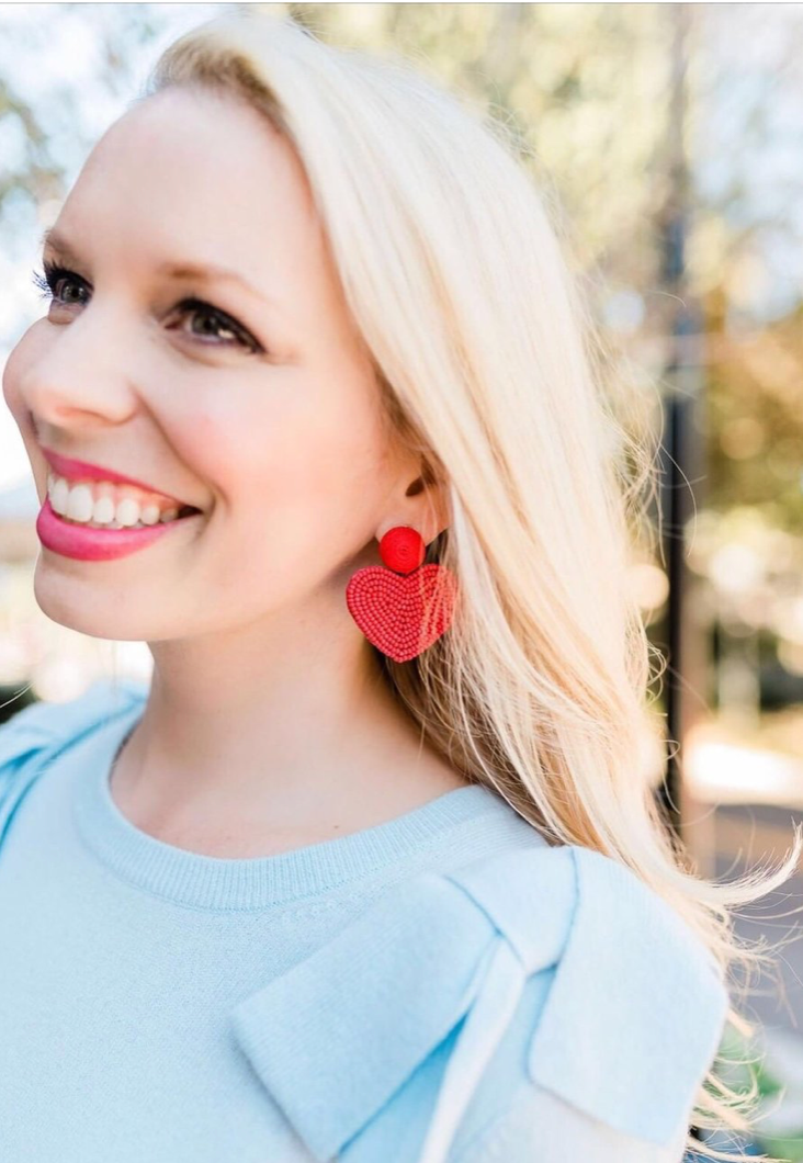 Red Valentines Day Holiday Beaded Heart Statement Earrings
