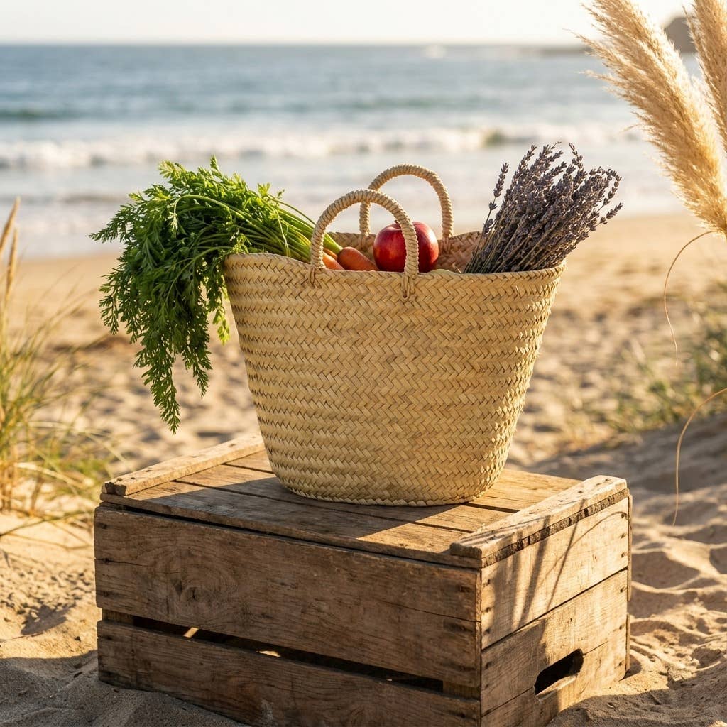 French Basket Bags Natural Handwoven Palm Leaf Market Tote #15