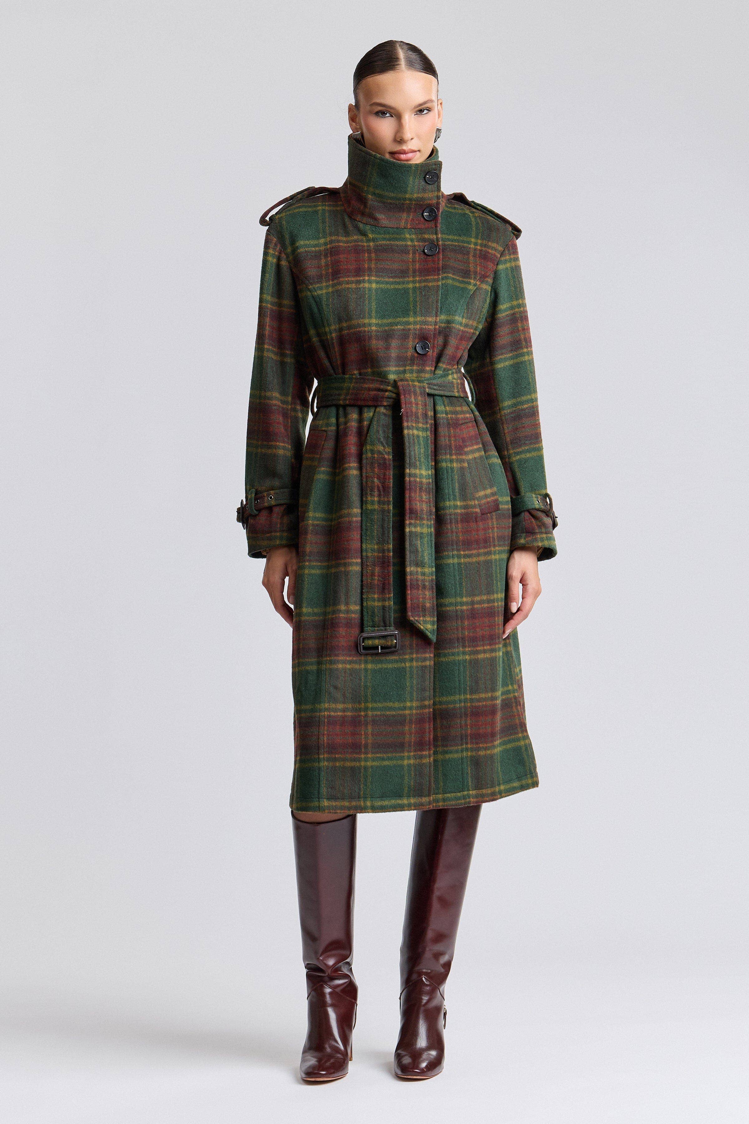 Avec Les Filles Plaid Faux Wool Utility Trench Coat 86476