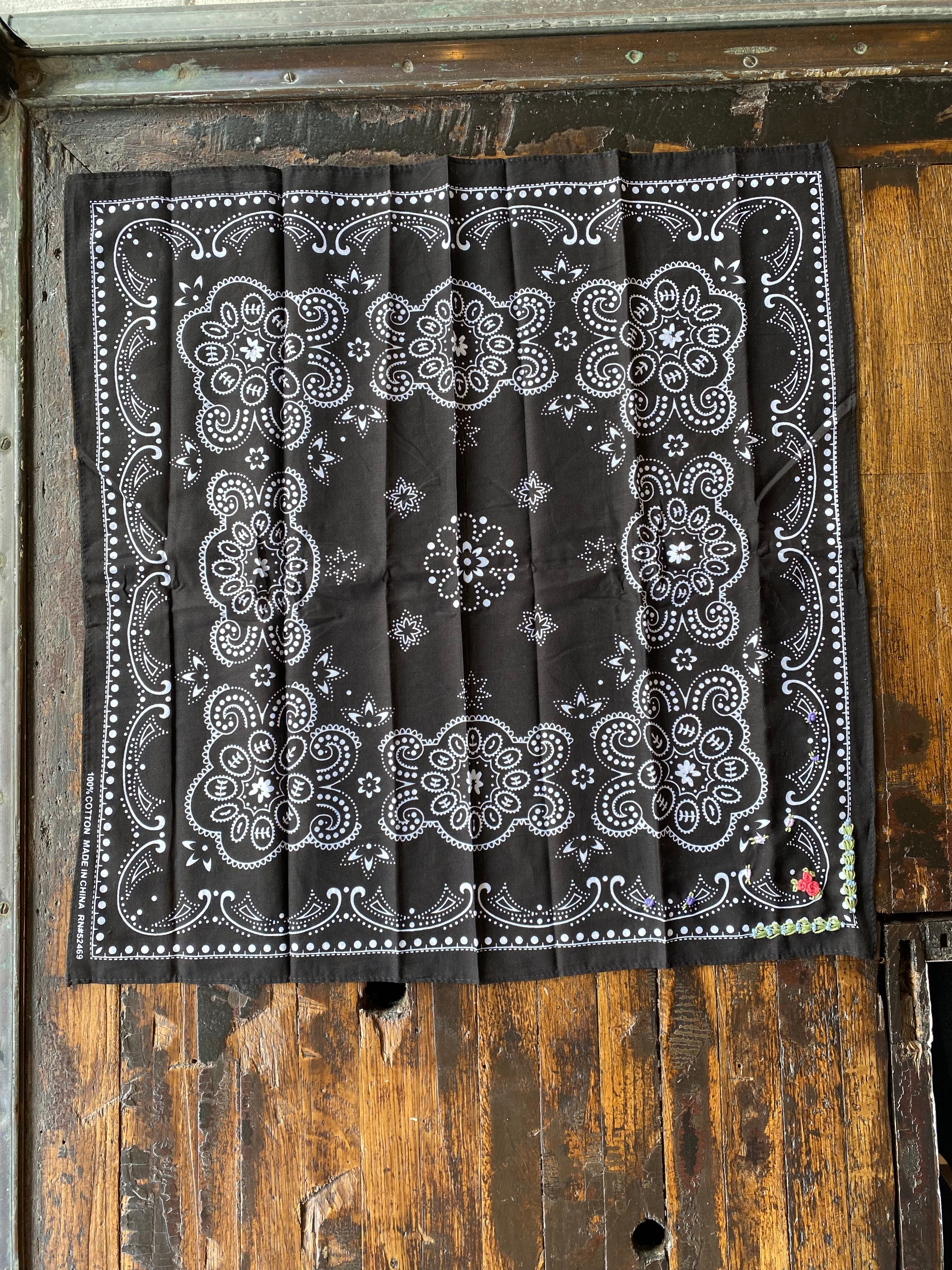 Little Lamb Black Bandana With Floral Embroidery