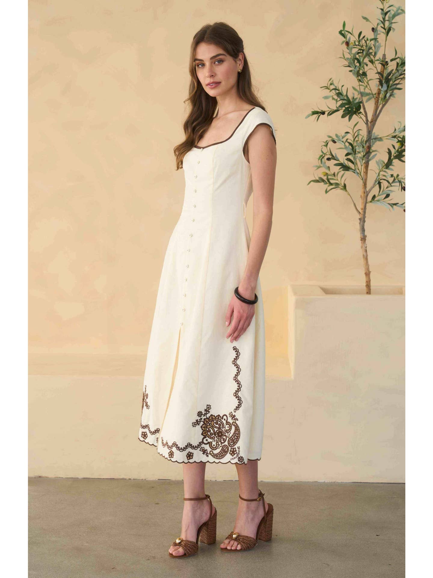 Moon River Embroidery Detail Button Down Midi Dress MR9668