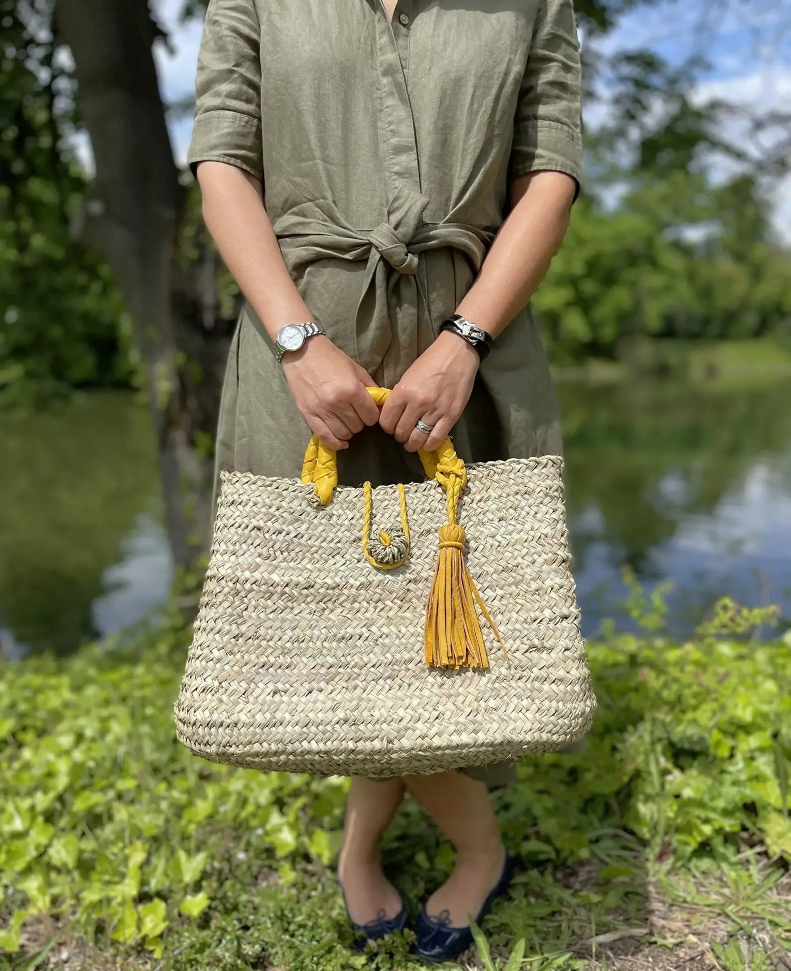French Market Bags Straw Tote Bag with Leather Straps