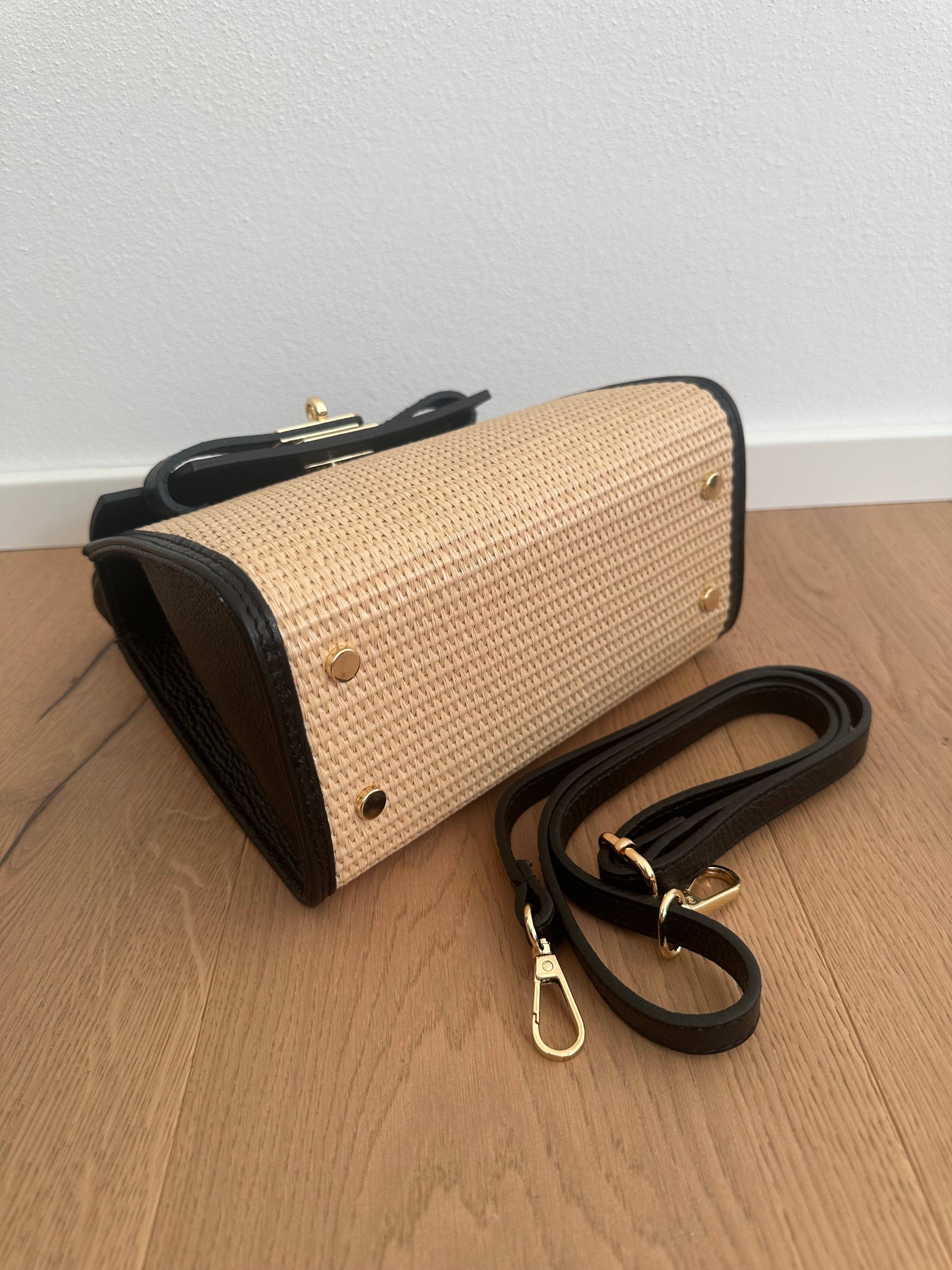 Italian Leather Collection Raffia + Leather Top Handle Bag