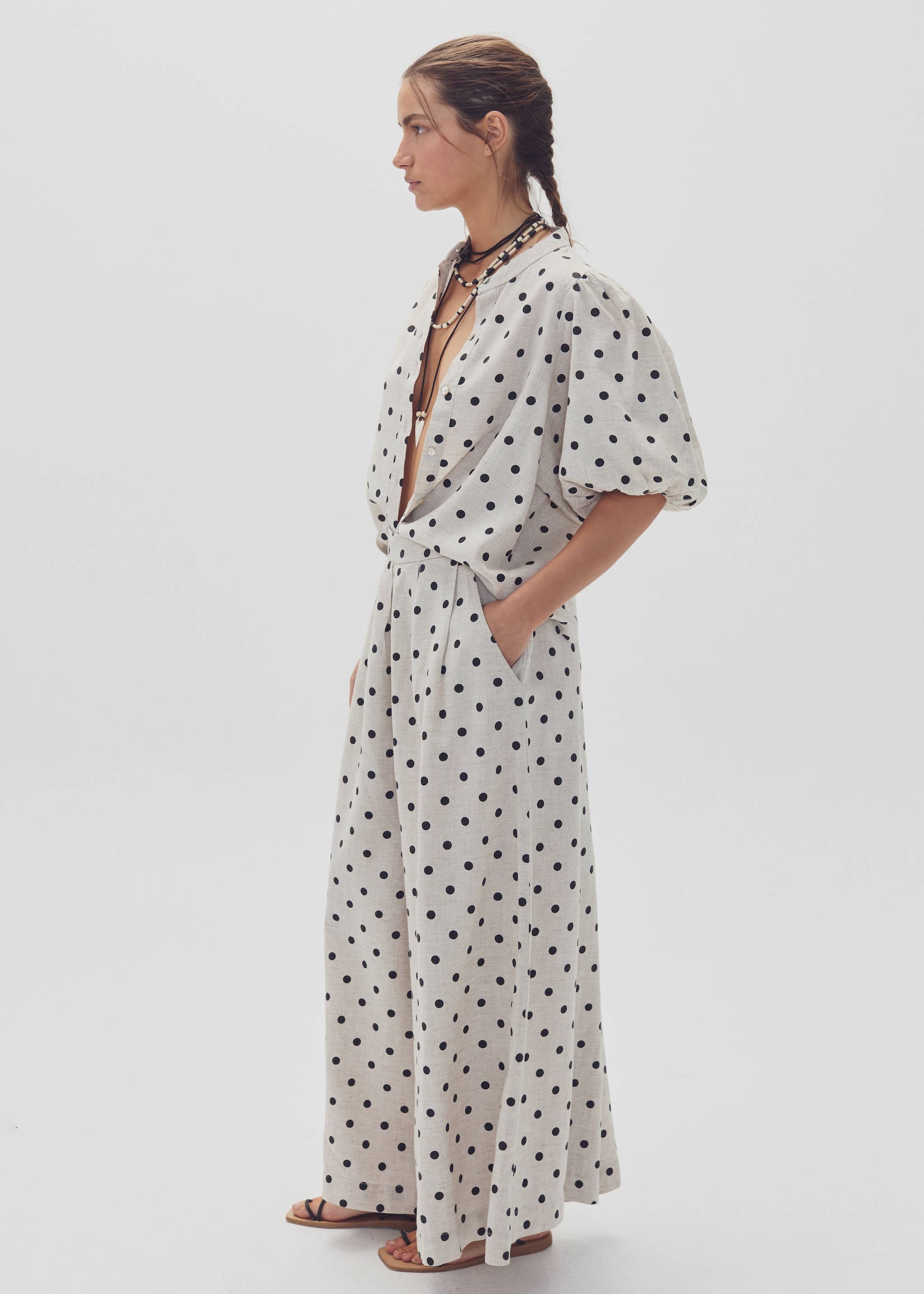 Lanhtropy Sabi Linen Pants - Natural and Black Polka Dots