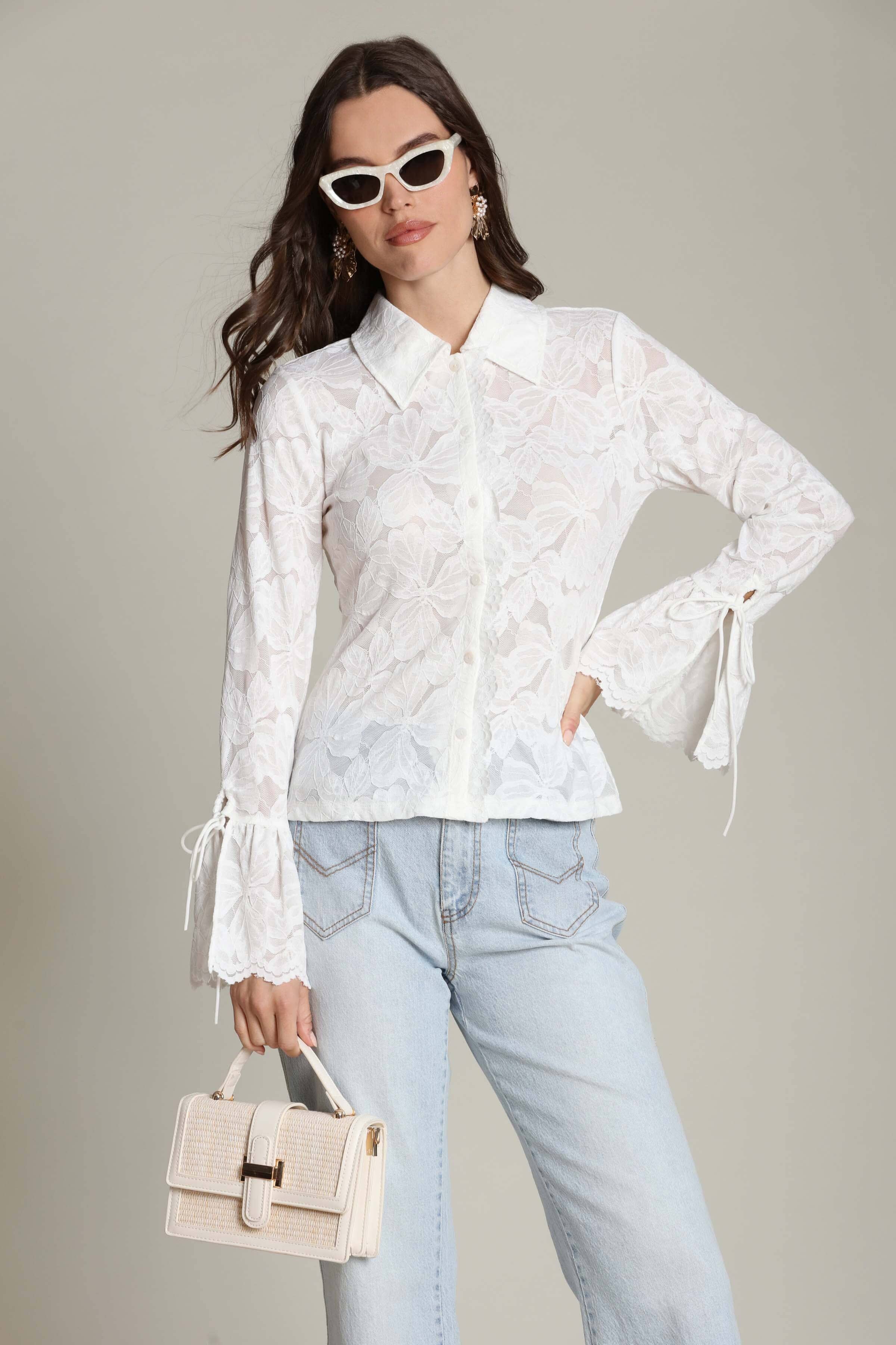 Avec Les Filles Sheer Lace Tie Cuff Shirt