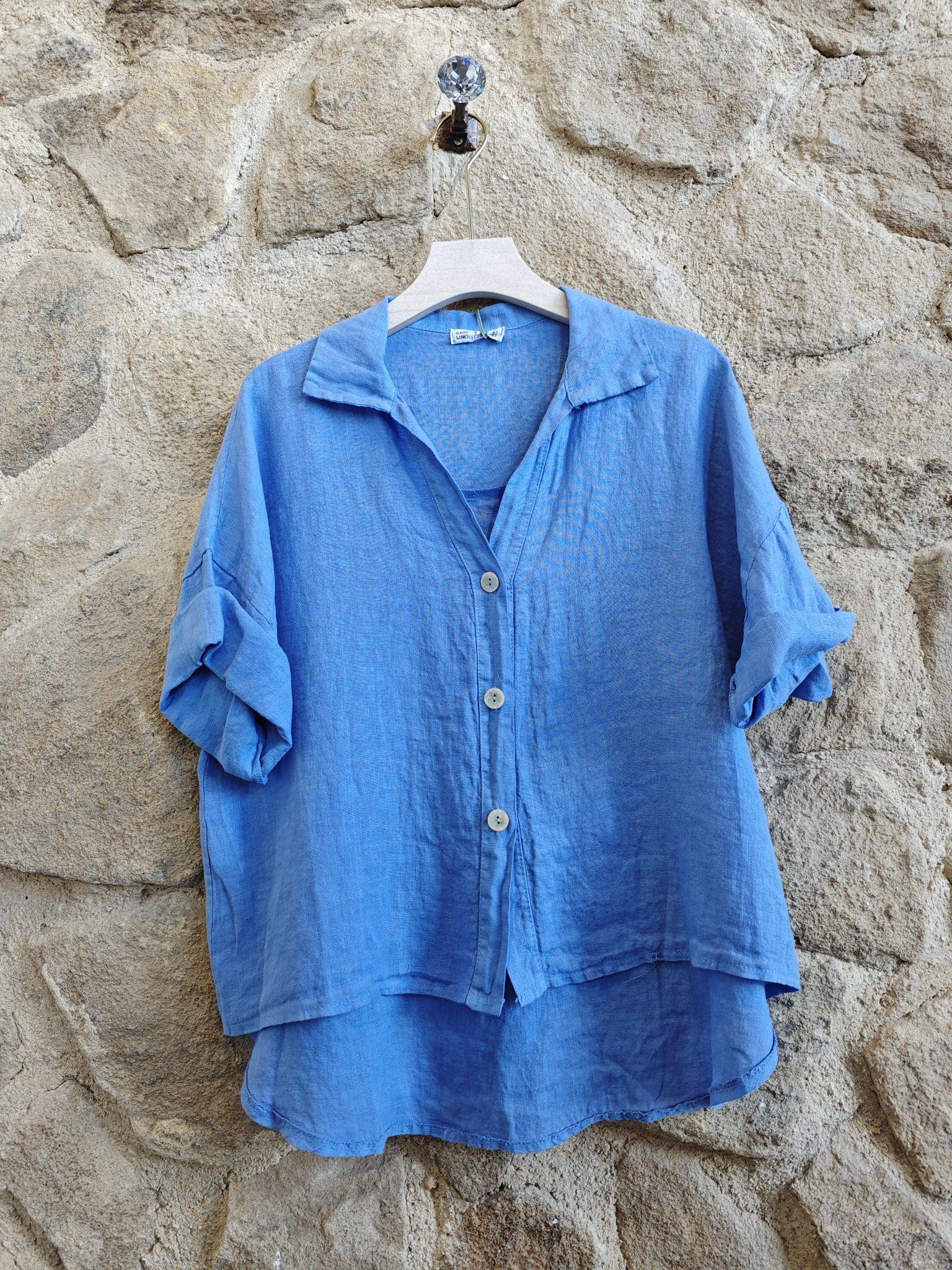 European Linen Short Sleeve Button Up T-shirt 83737