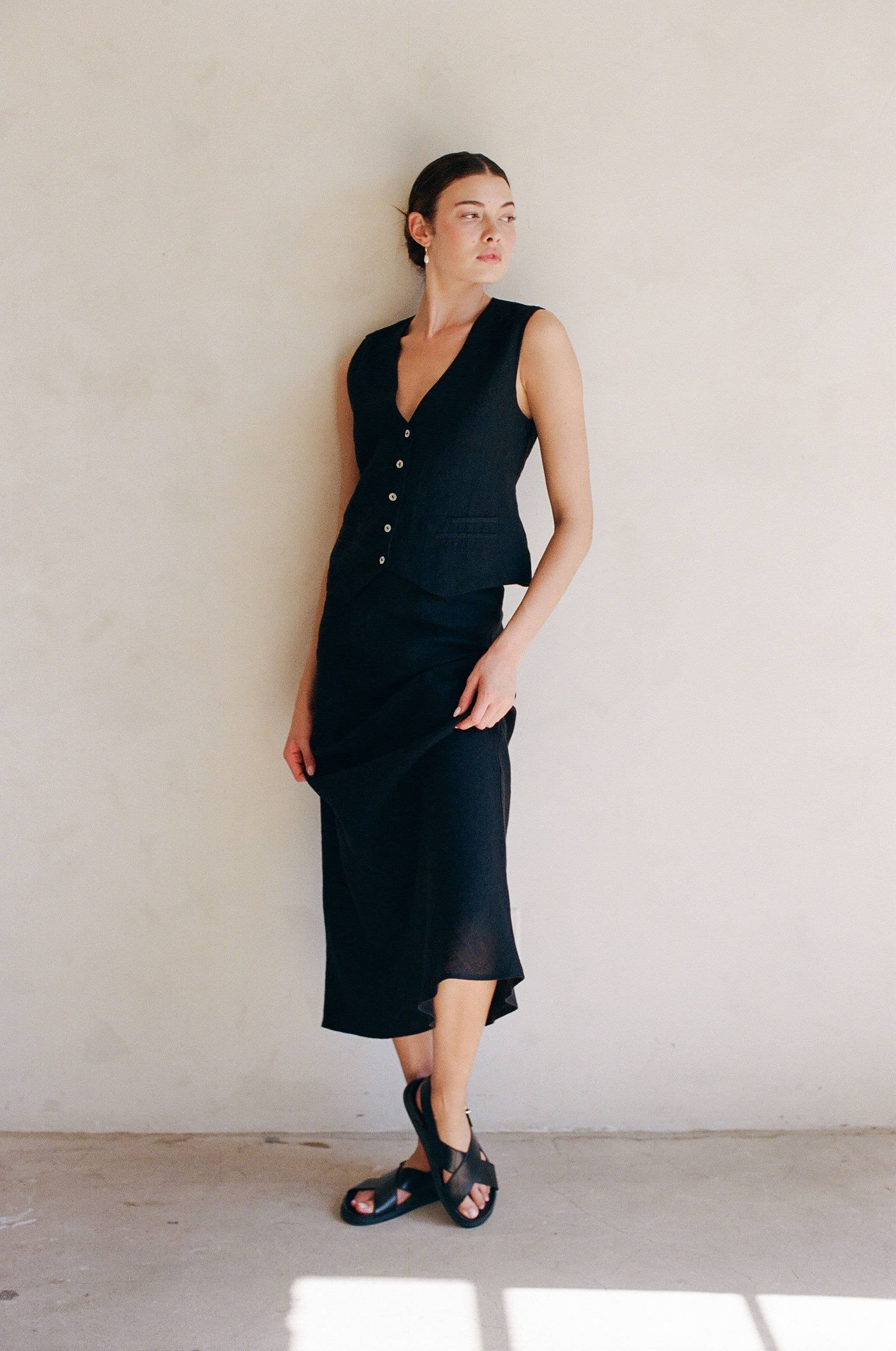 a.ren Woven Elastic Waist Long Linen Skirt AR1145