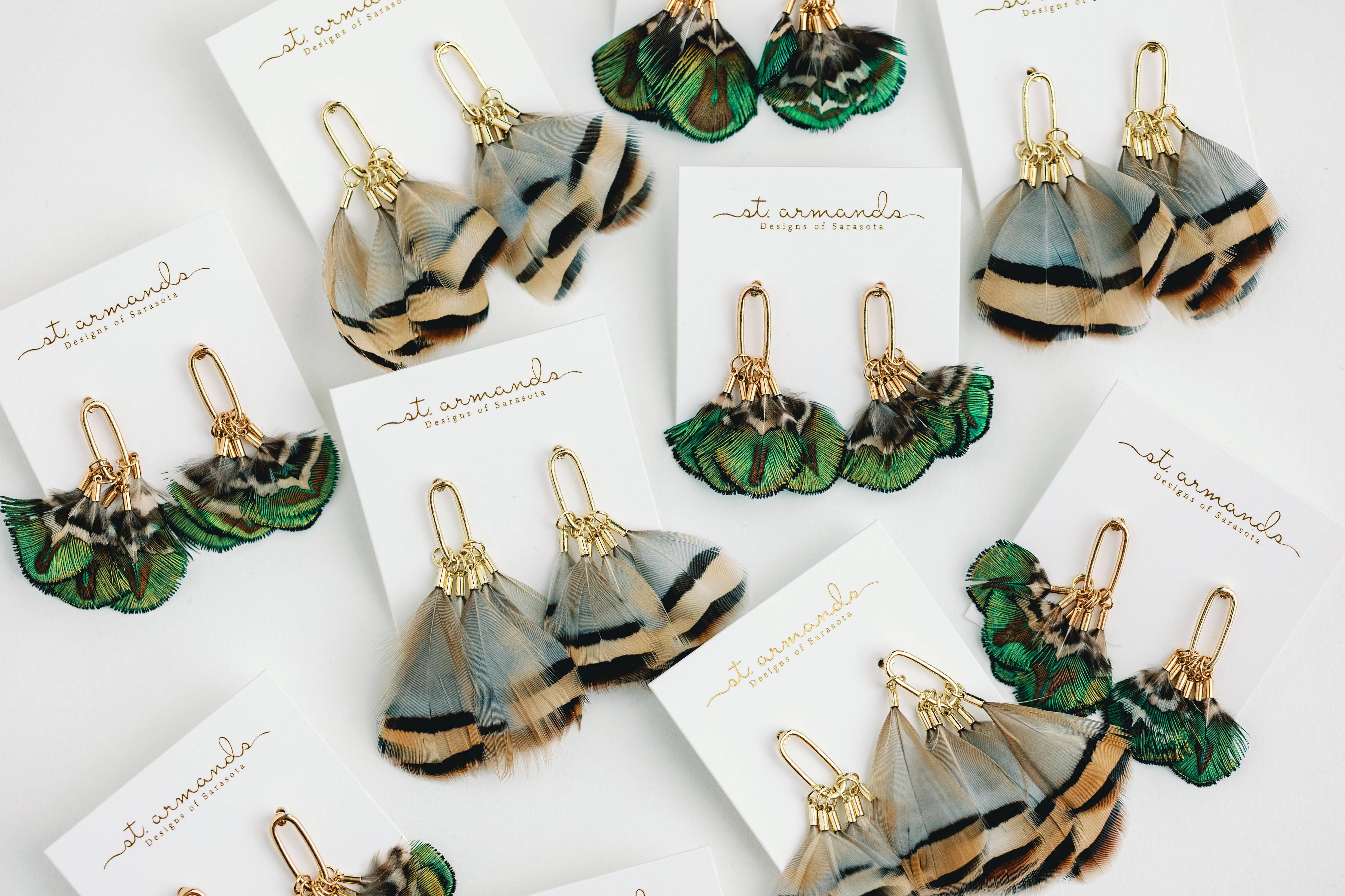 St. Armands Designs of Sarasota Brown Striped Fall Feather Statement Tassel Earrings SAD209