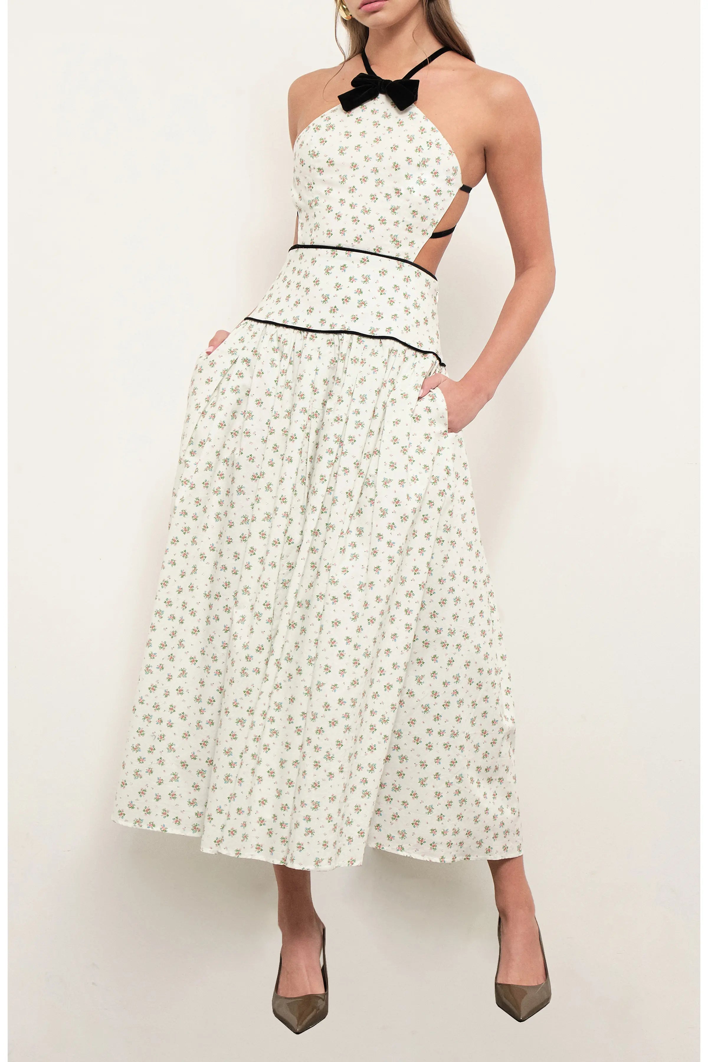 Maude Club Harlow Cotton Sprigged Floral Backless Halter Dress w/ Bow MC790D
