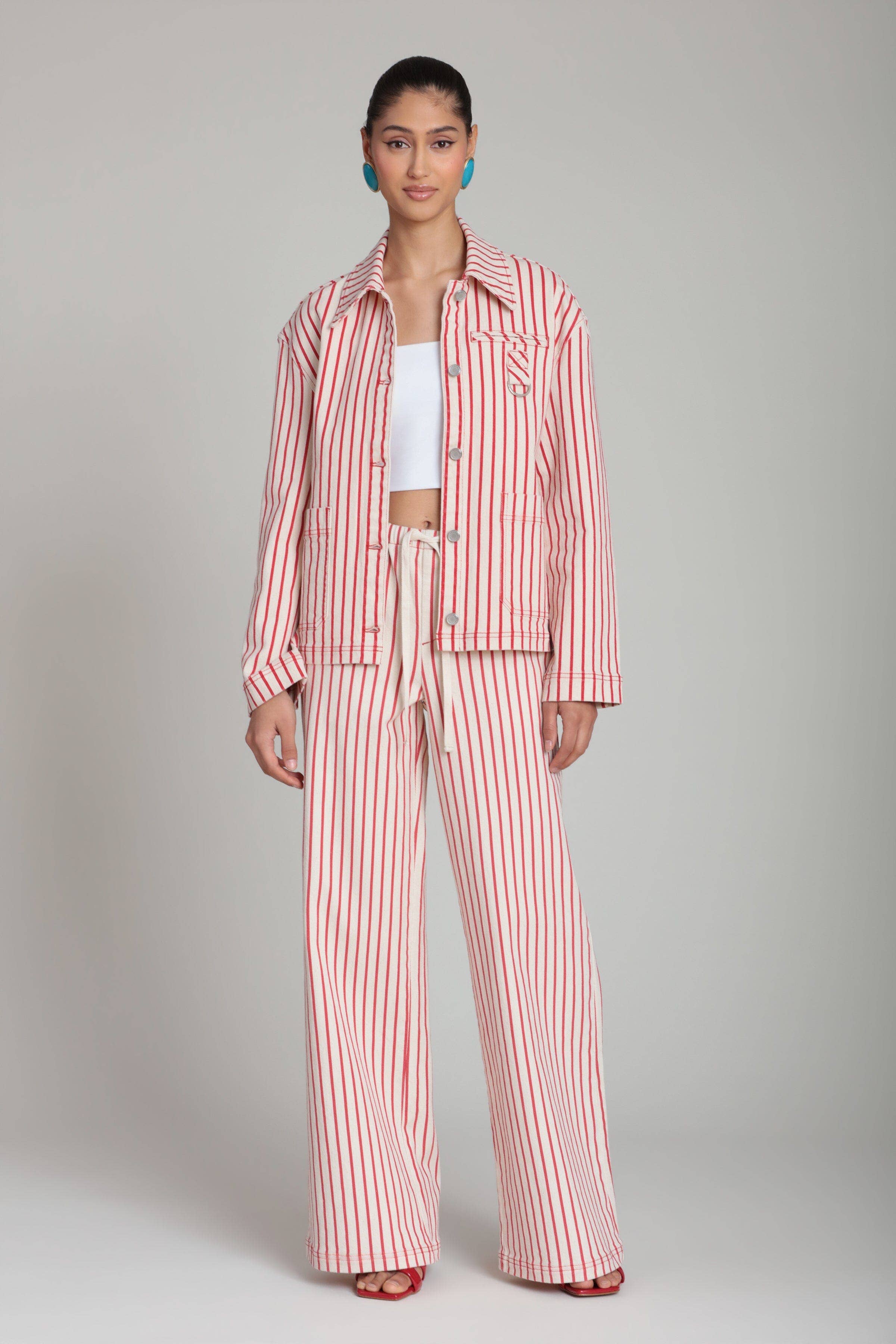 Avec Les Filles Striped Stretch Cotton Wide Leg Pants 86150