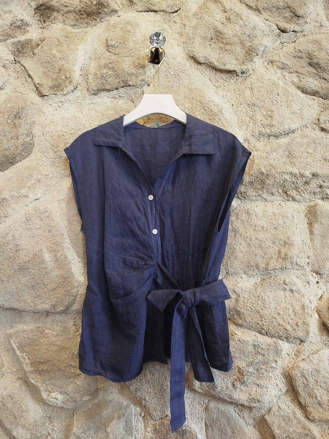 European Linen Sleeveless Top with Side Tie 18771