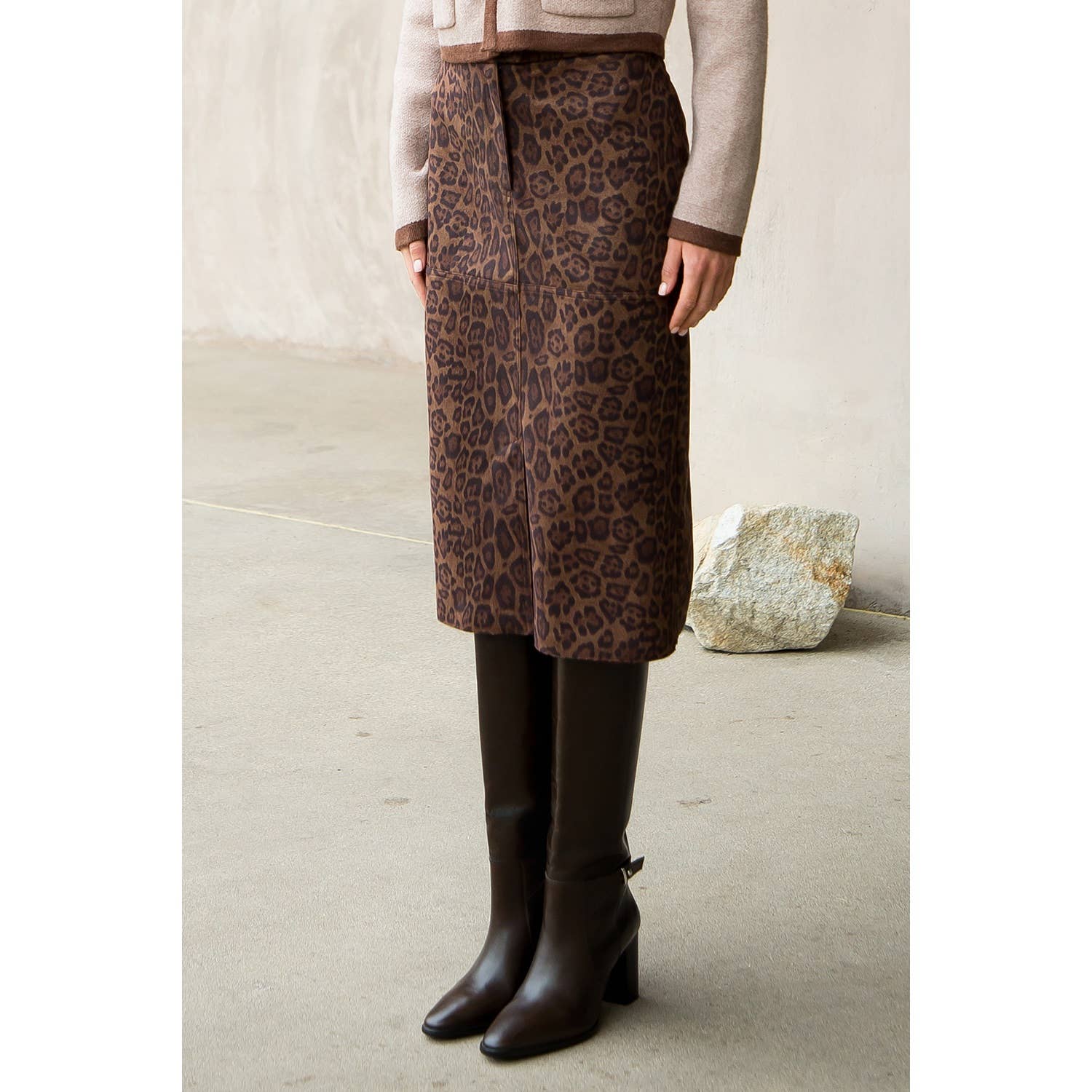 THML Leopard Print Suede Midi Skirt THS1805