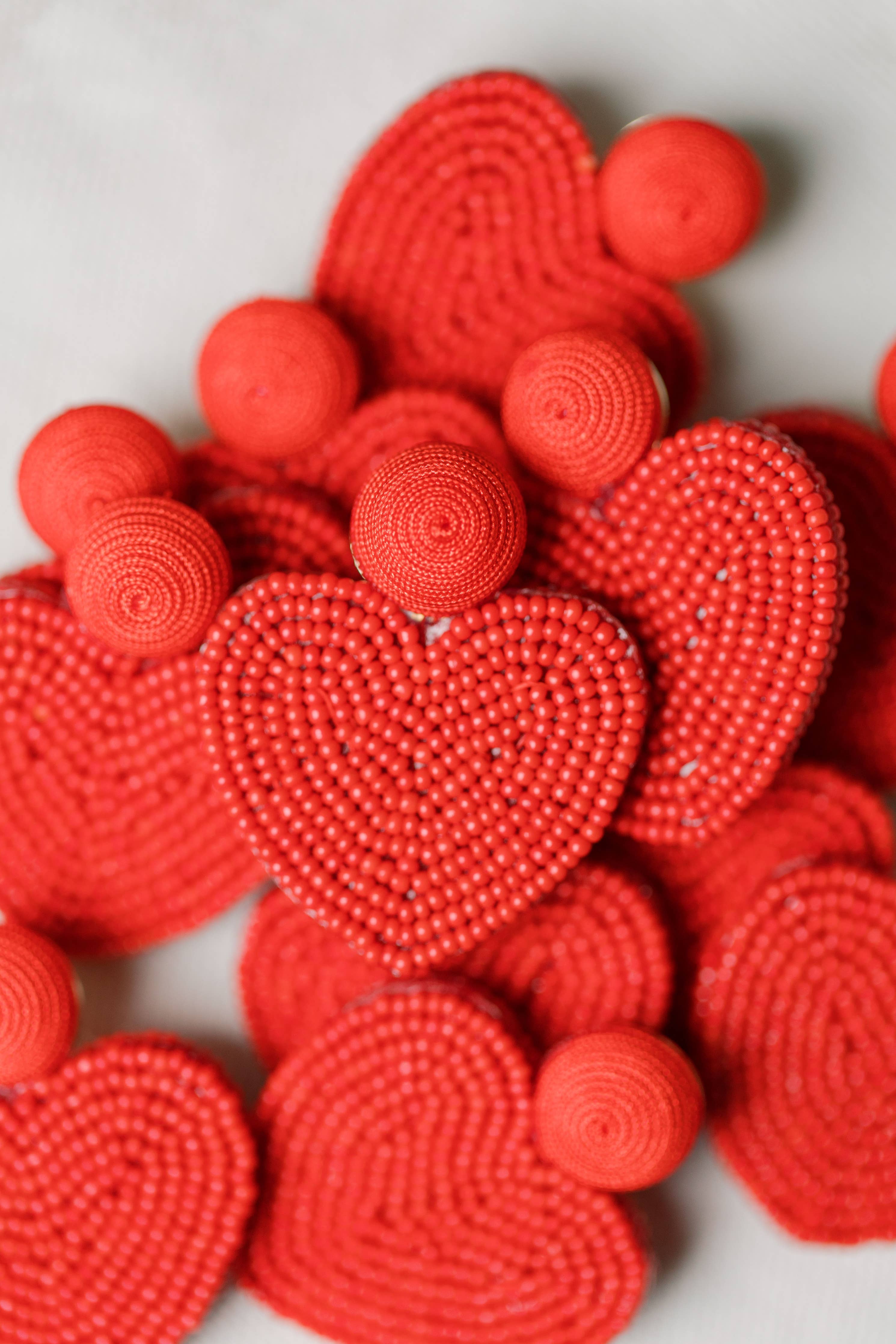 Red Valentines Day Holiday Beaded Heart Statement Earrings