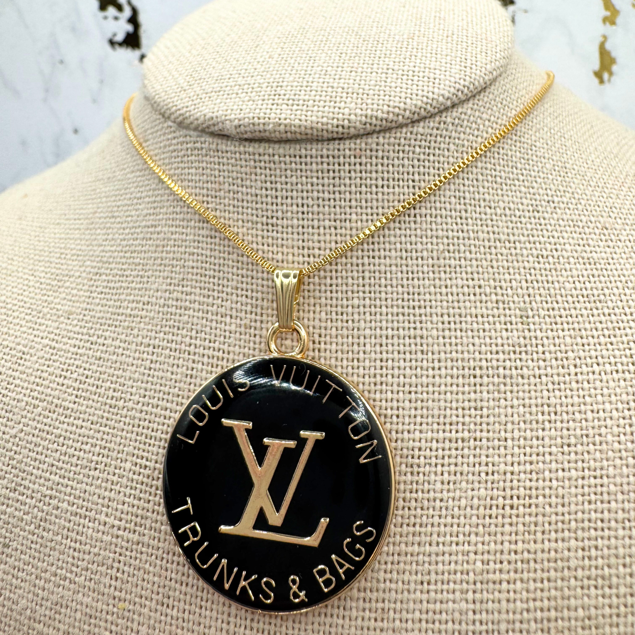 Luxury Upcycled "LV" Black 14K Gold Filled Pendant Necklace 1307