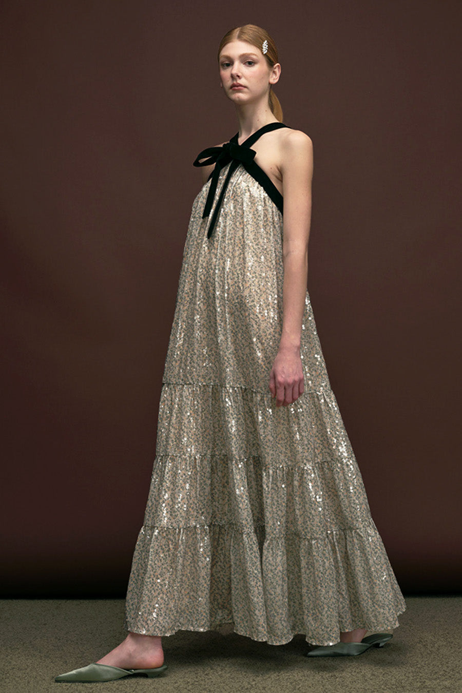 Maude Club Floral Print Sequin Halter Maxi w/Velvet Bow