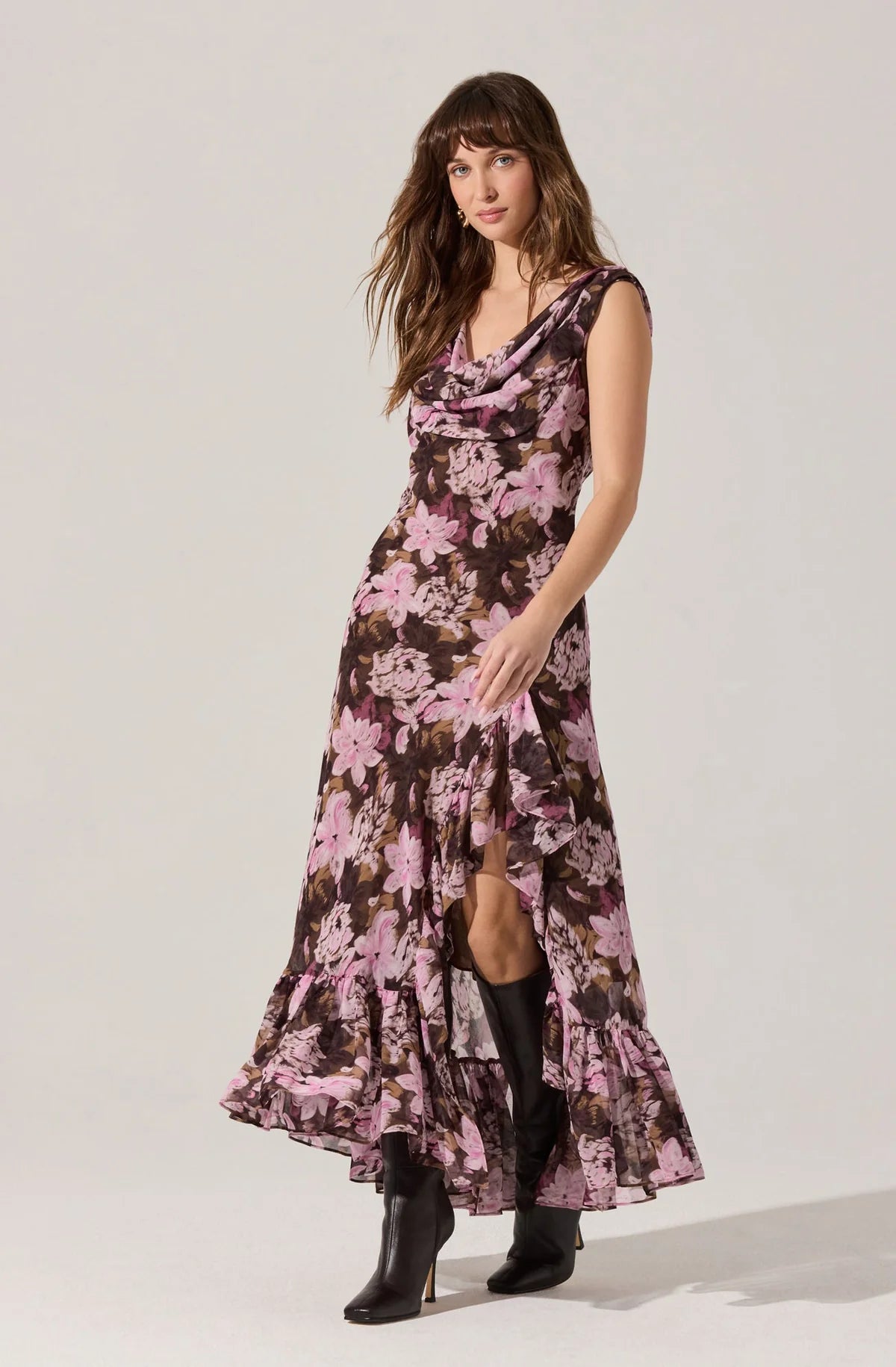 Astr The Label | Cecilia Floral Cowl Neck Maxi Dress in Brown Pink Floral