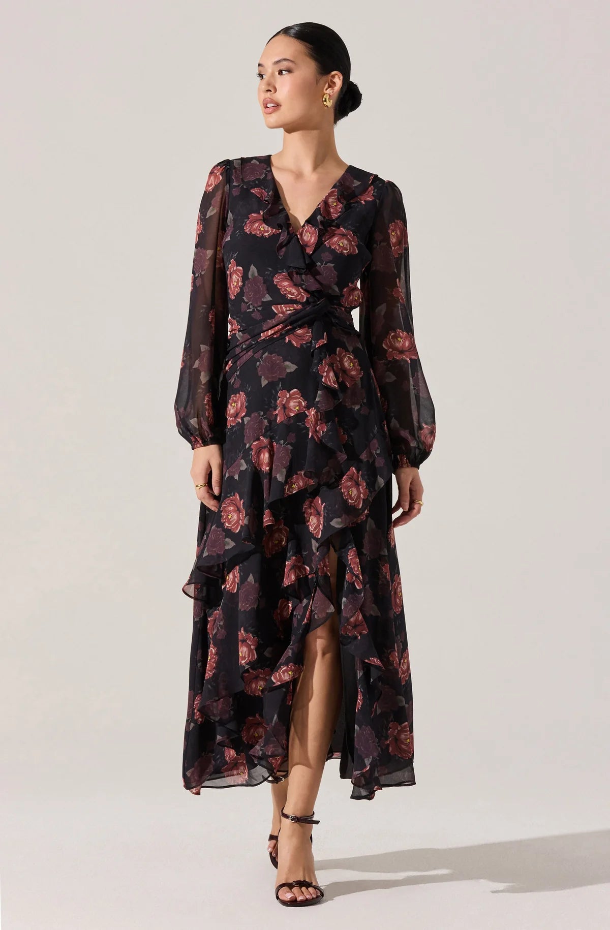 astr black floral dress Alinta Floral Ruffle Cowl Neck Midi Dress