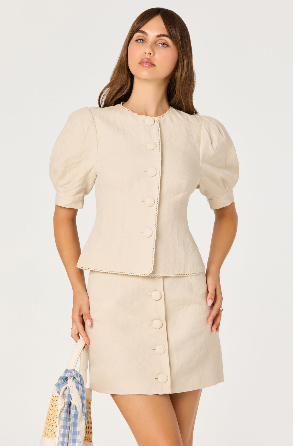 ASTR Cailey Linen Puff Sleeve Button-Front Top