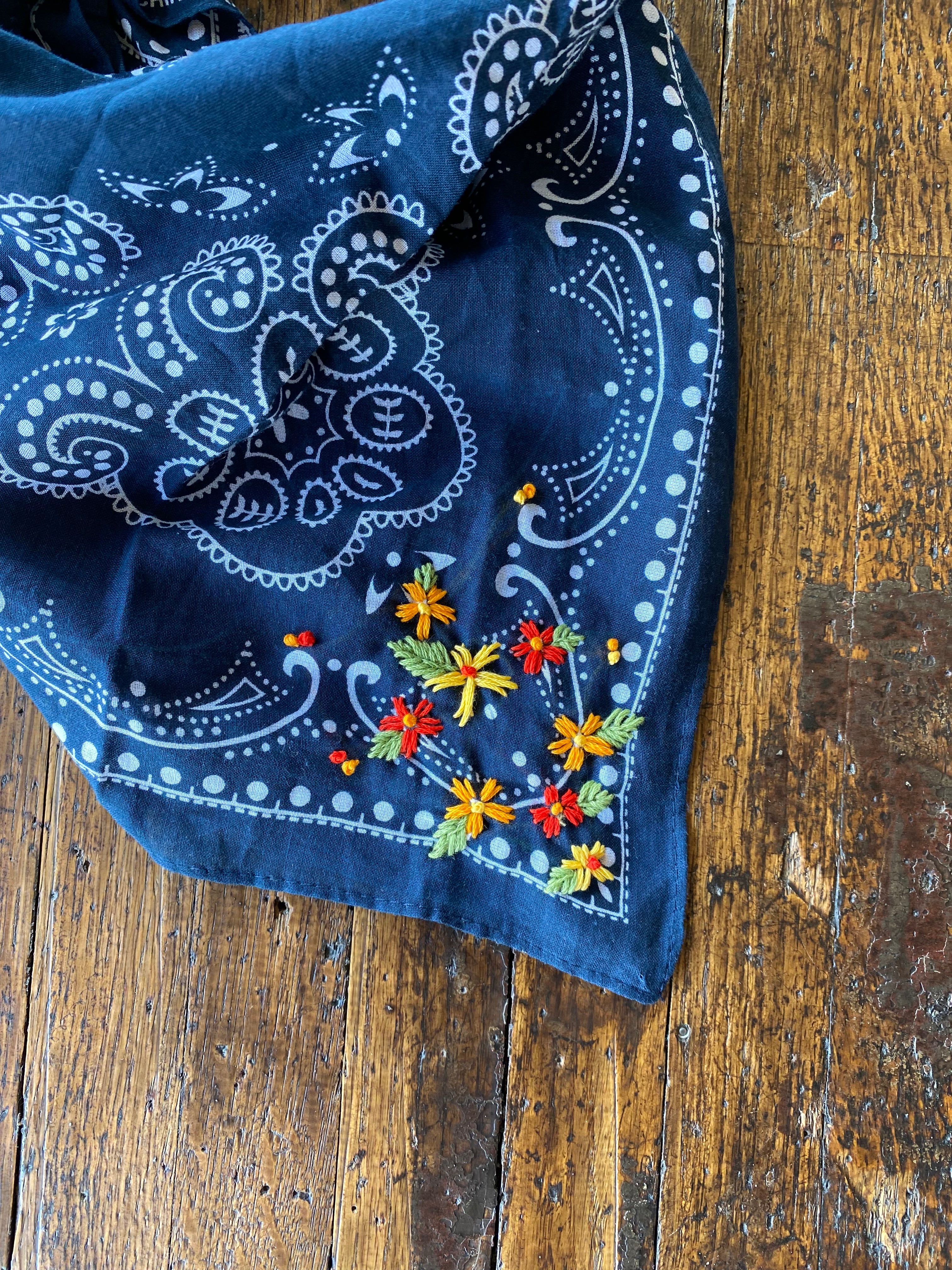 Little Lamb Embroidered Navy Bandana With Bright Flowers