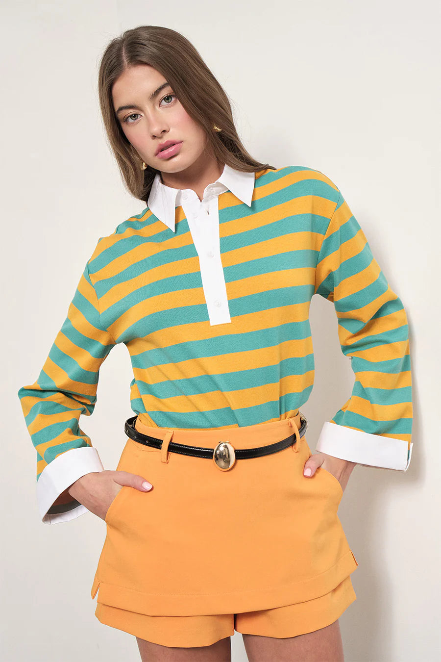 Maude Club Gabrielle Cotton Striped Polo w/ Poplin Combo MC697T