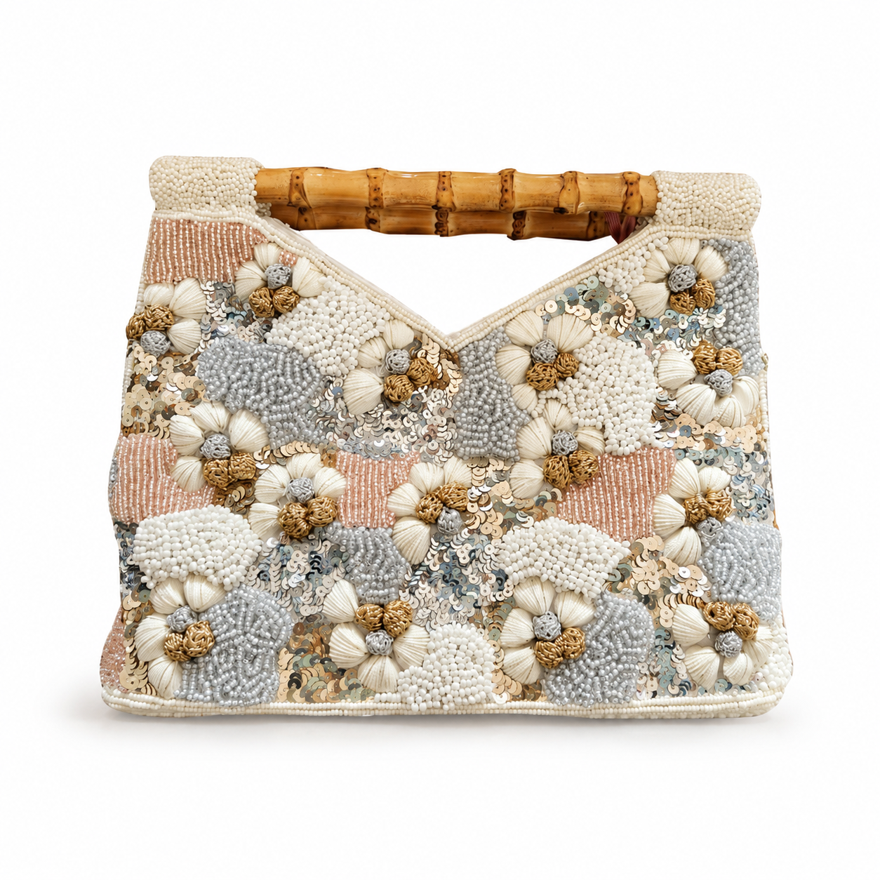 Tiana NY Neutral Floral Beaded Bamboo Handled Clutch/Bag