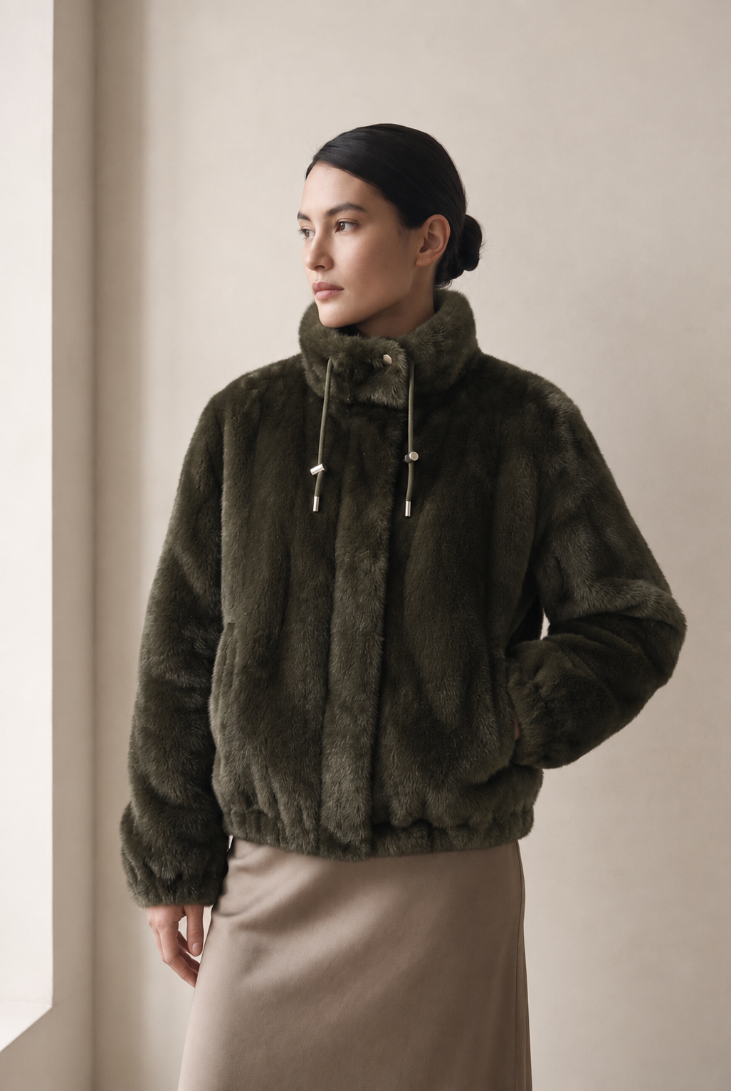 Frisson Reversible Faux Fur Bomber Jacket in Army Green